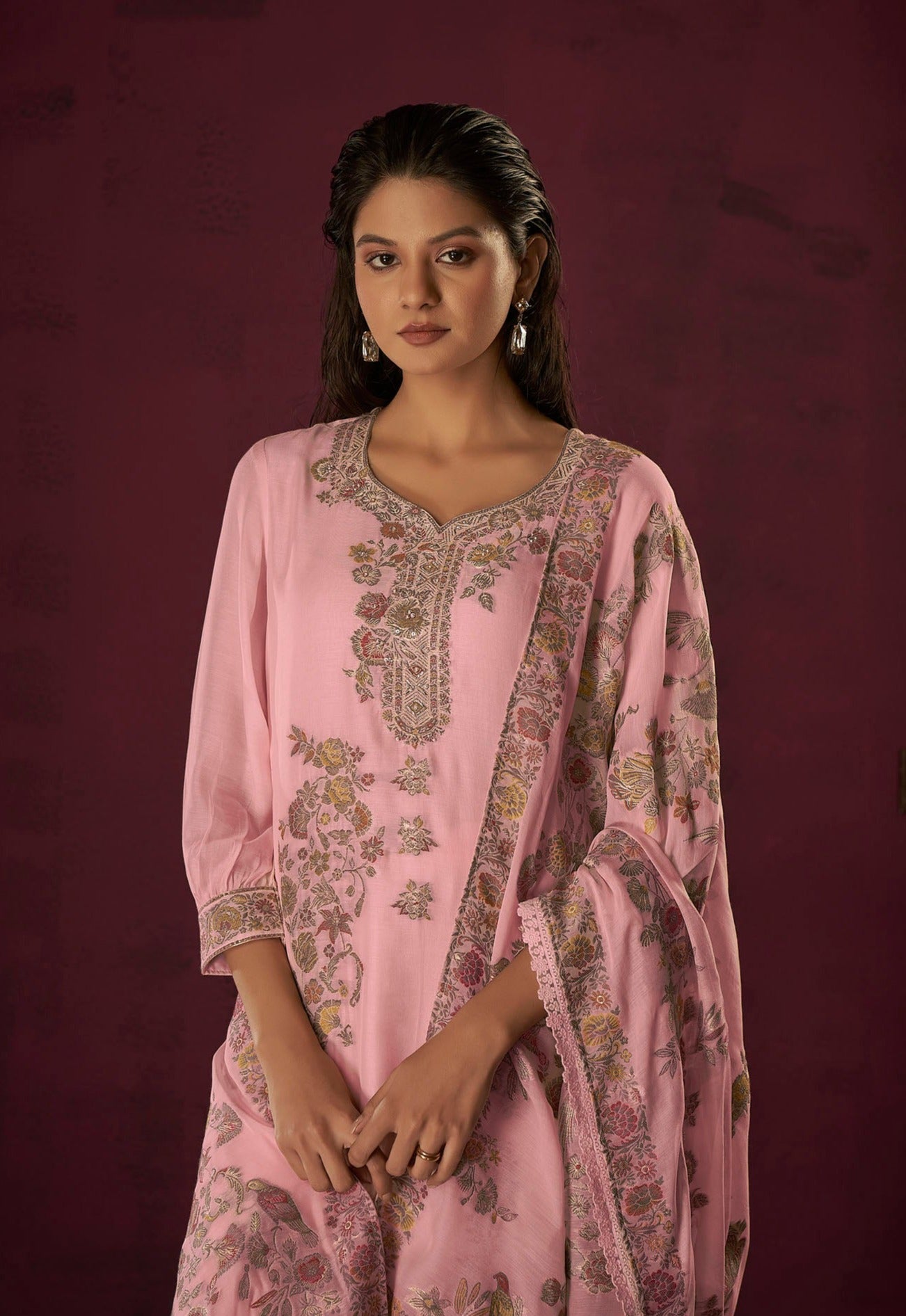 Pink Chanderi Silk Kurta Set-fourbuttons-in