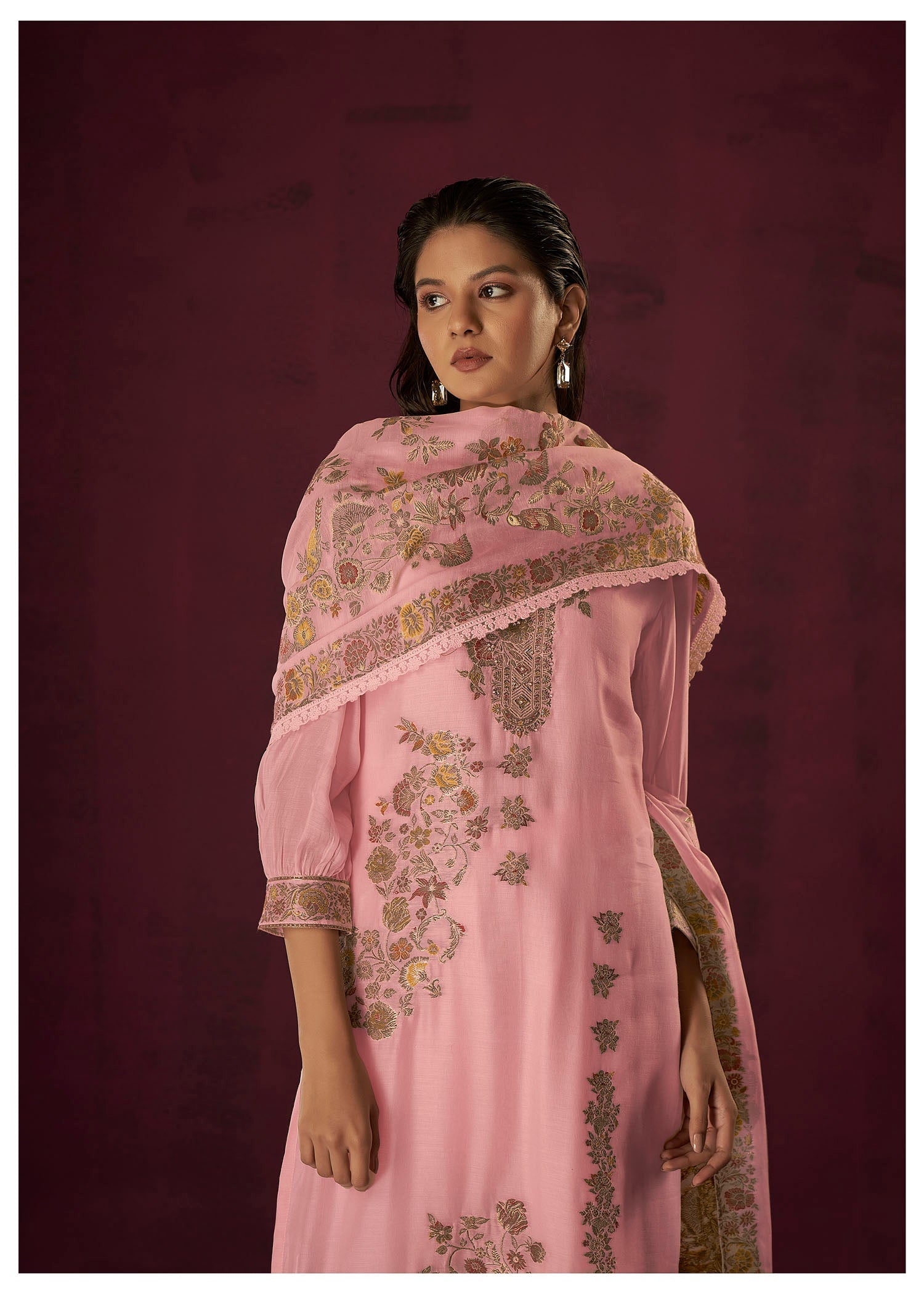 Pink Chanderi Silk Kurta Set-fourbuttons-in