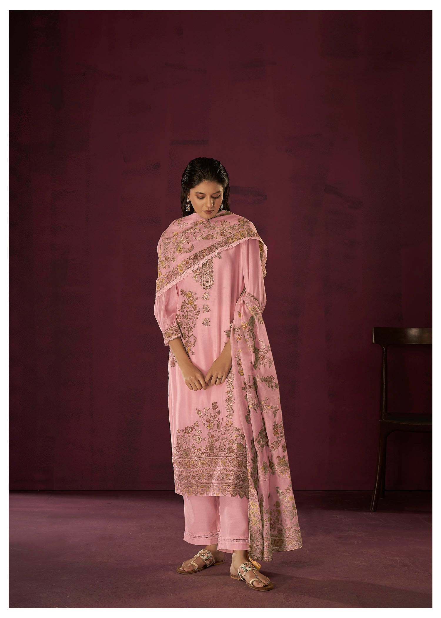 Pink Chanderi Silk Kurta Set-fourbuttons-in