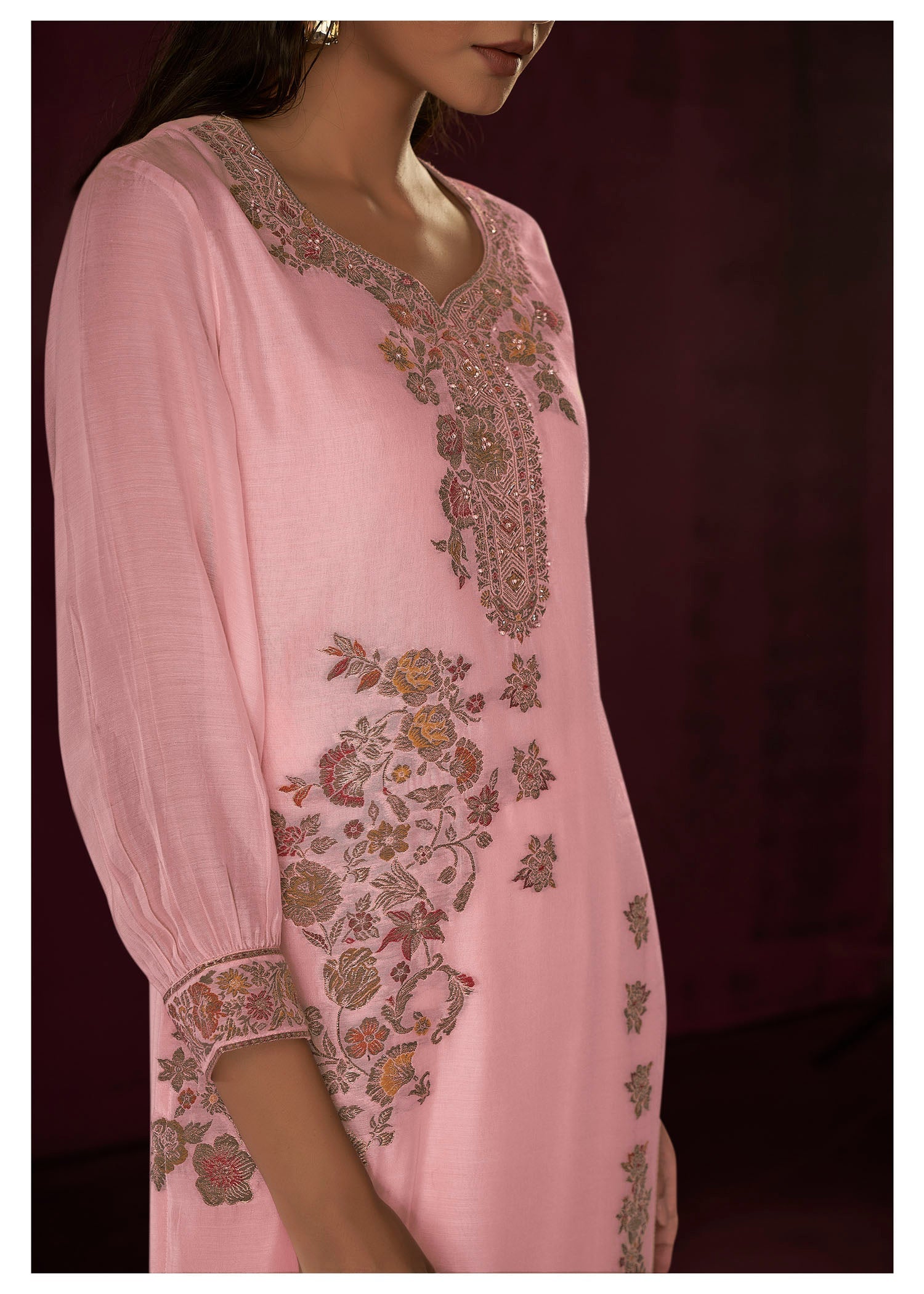 Pink Chanderi Silk Kurta Set-fourbuttons-in