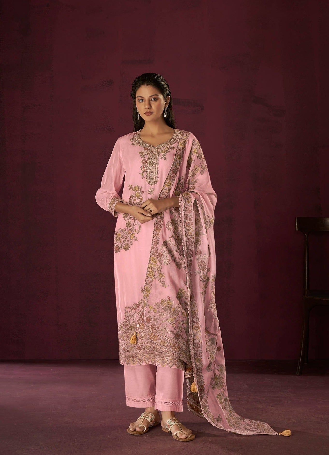 Pink Chanderi Silk Kurta Set-fourbuttons-in