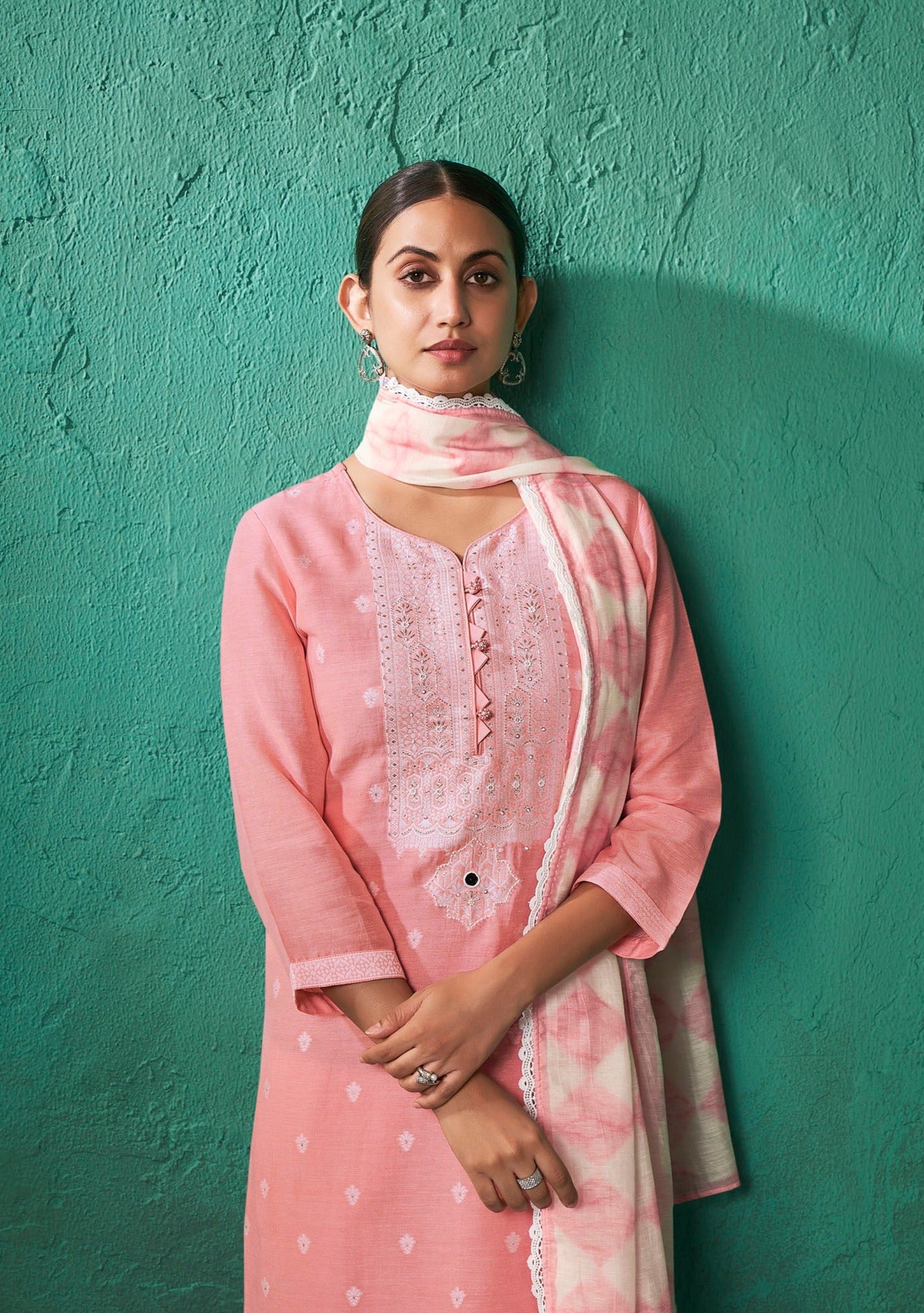 Pink Linen Woven Silk Kurta Set-fourbuttons-in