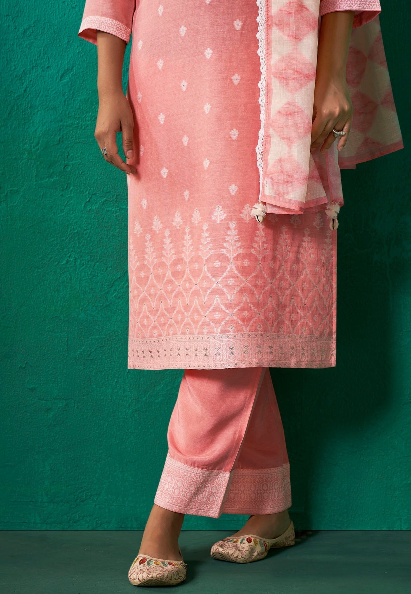 Pink Linen Woven Silk Kurta Set-fourbuttons-in