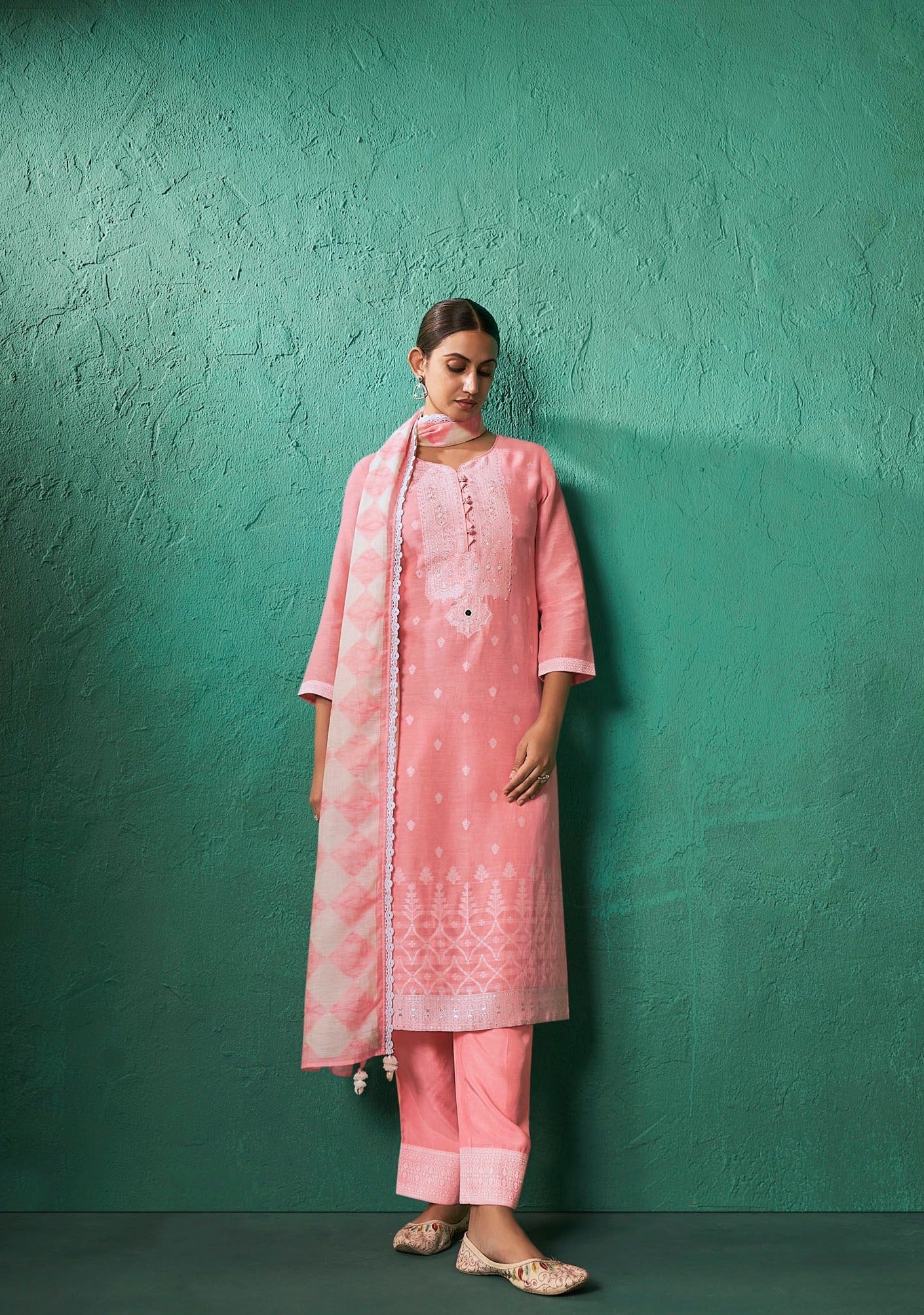 Pink Linen Woven Silk Kurta Set-fourbuttons-in