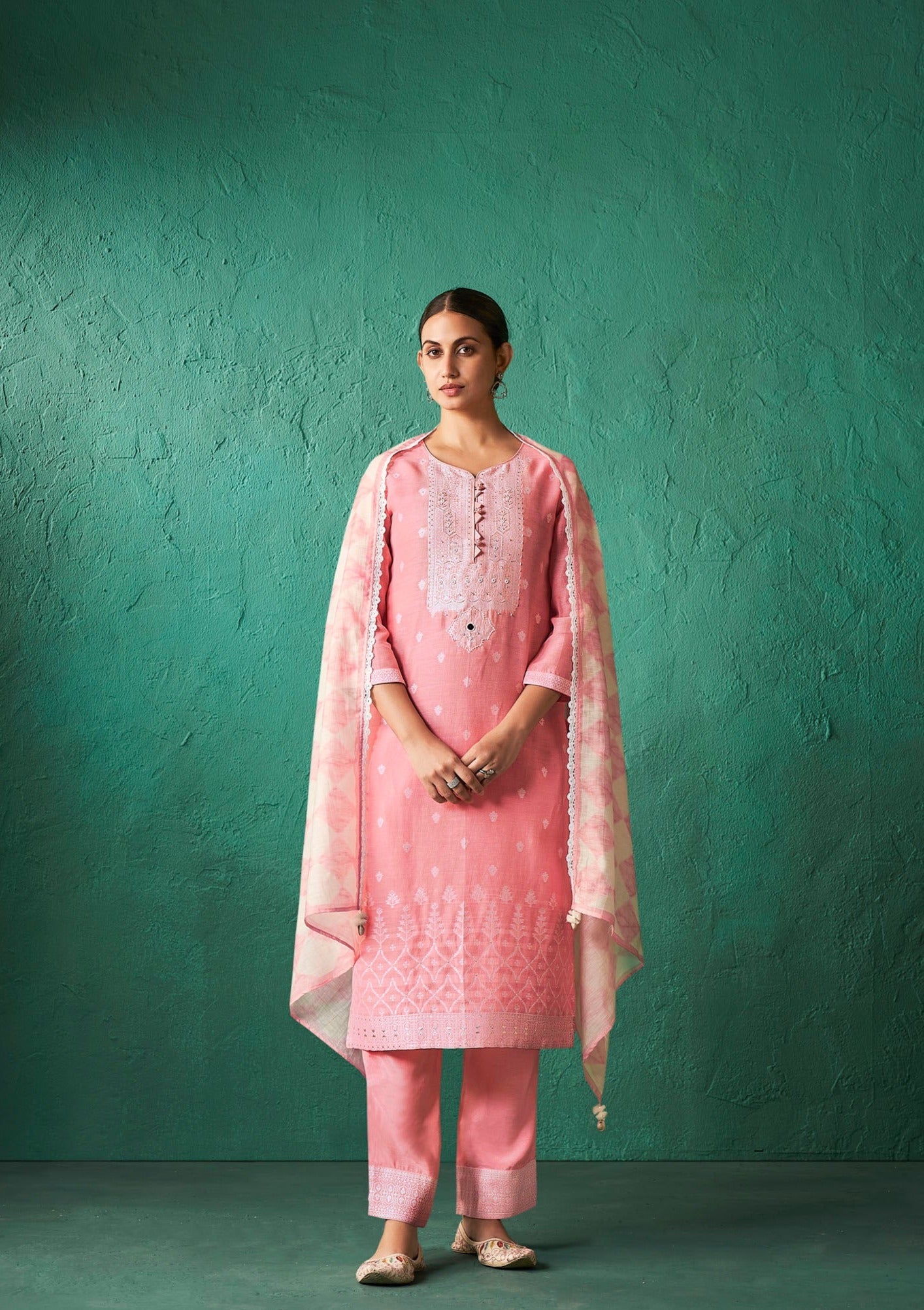 Pink Linen Woven Silk Kurta Set-fourbuttons-in