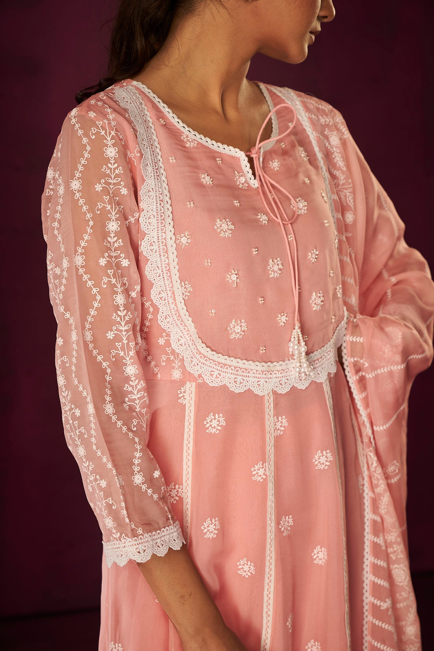 Pink Organza Anarkali Print Kurta Set