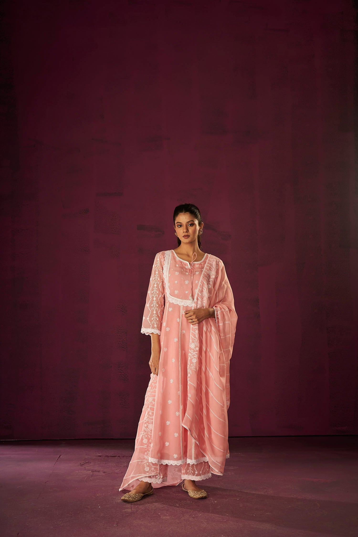 Pink Organza Anarkali Print Kurta Set