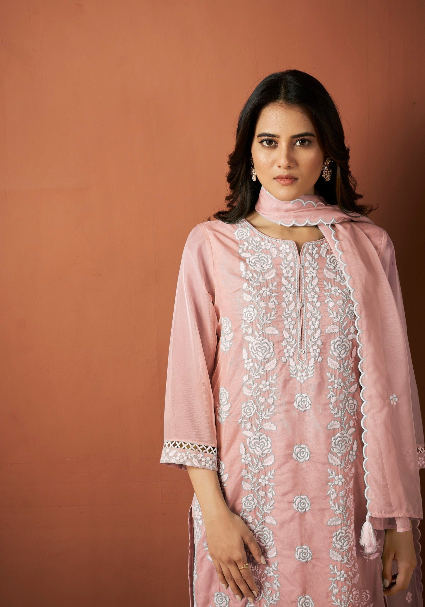 Pink Organza Chikankari Kurta Set-fourbuttons-in