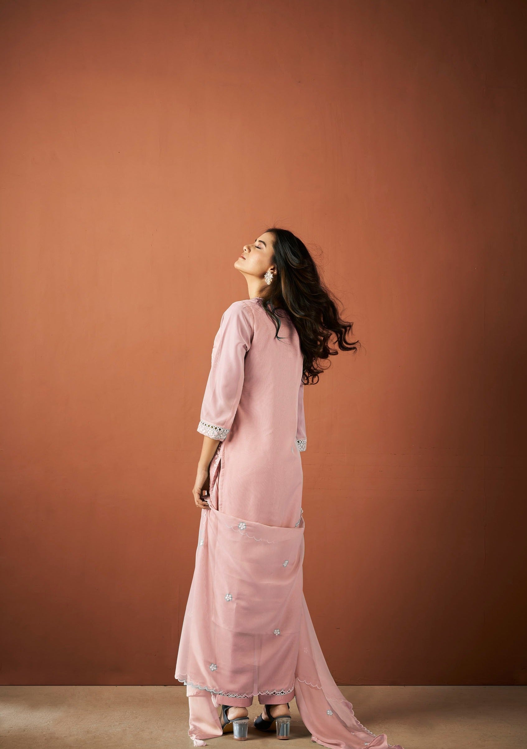 Pink Organza Chikankari Kurta Set-fourbuttons-in