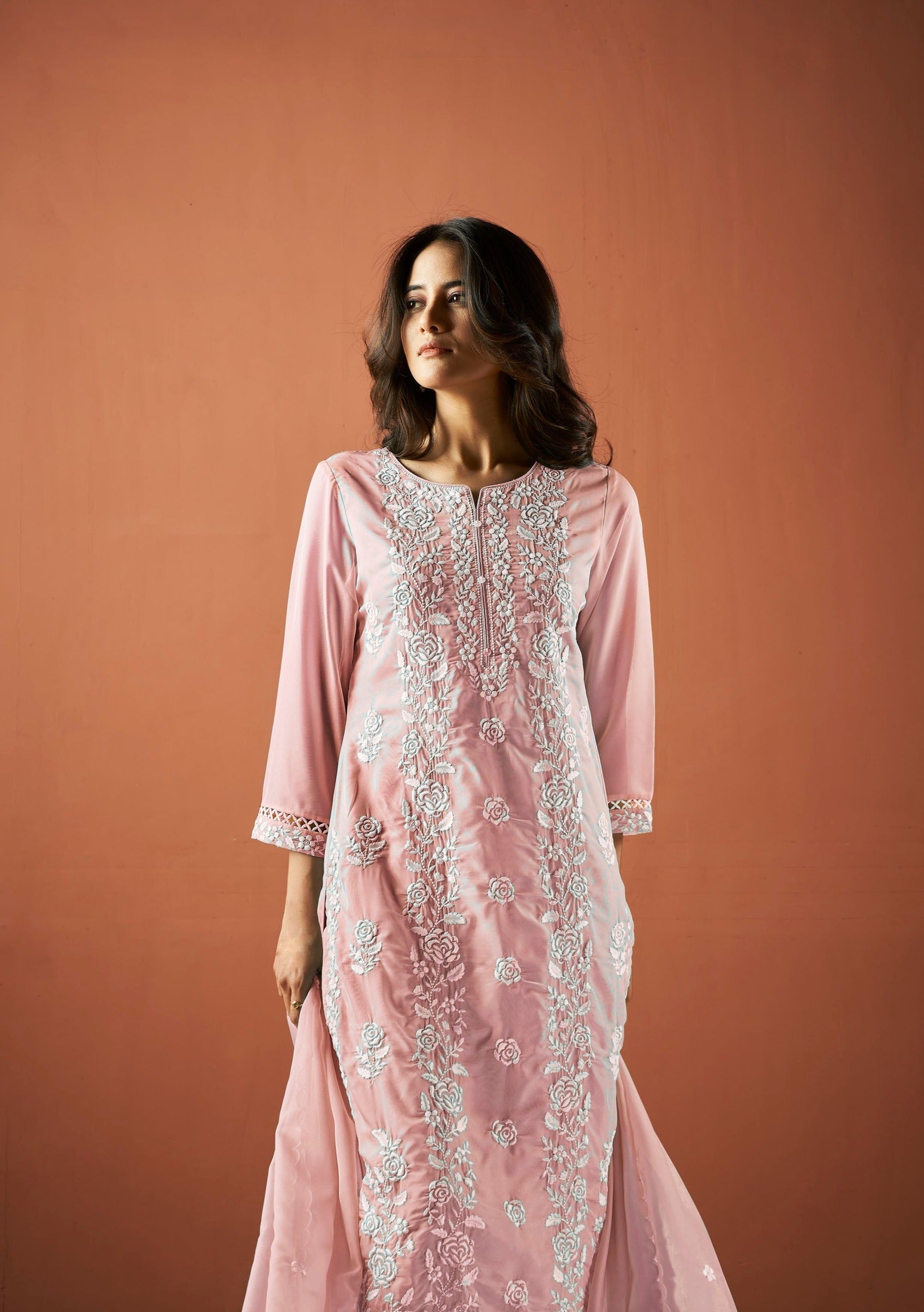 Pink Organza Chikankari Kurta Set-fourbuttons-in