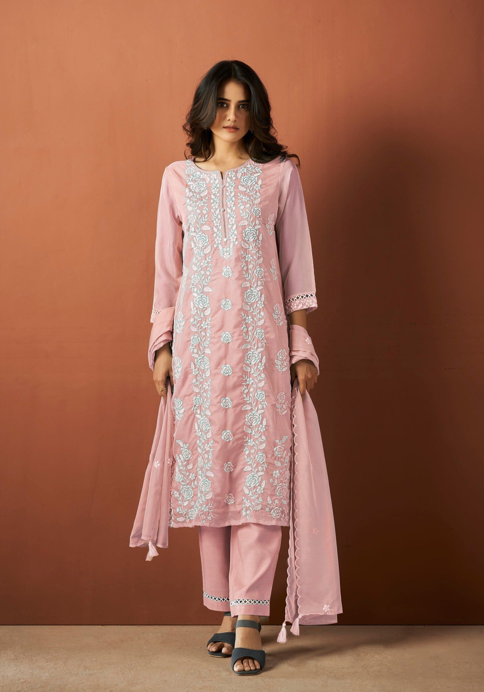 Pink Organza Chikankari Kurta Set-fourbuttons-in