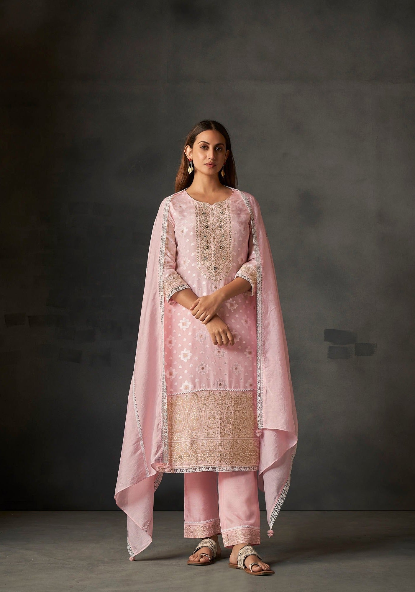 Pink Whisper White Woven Silk Kurta Set-fourbuttons-in