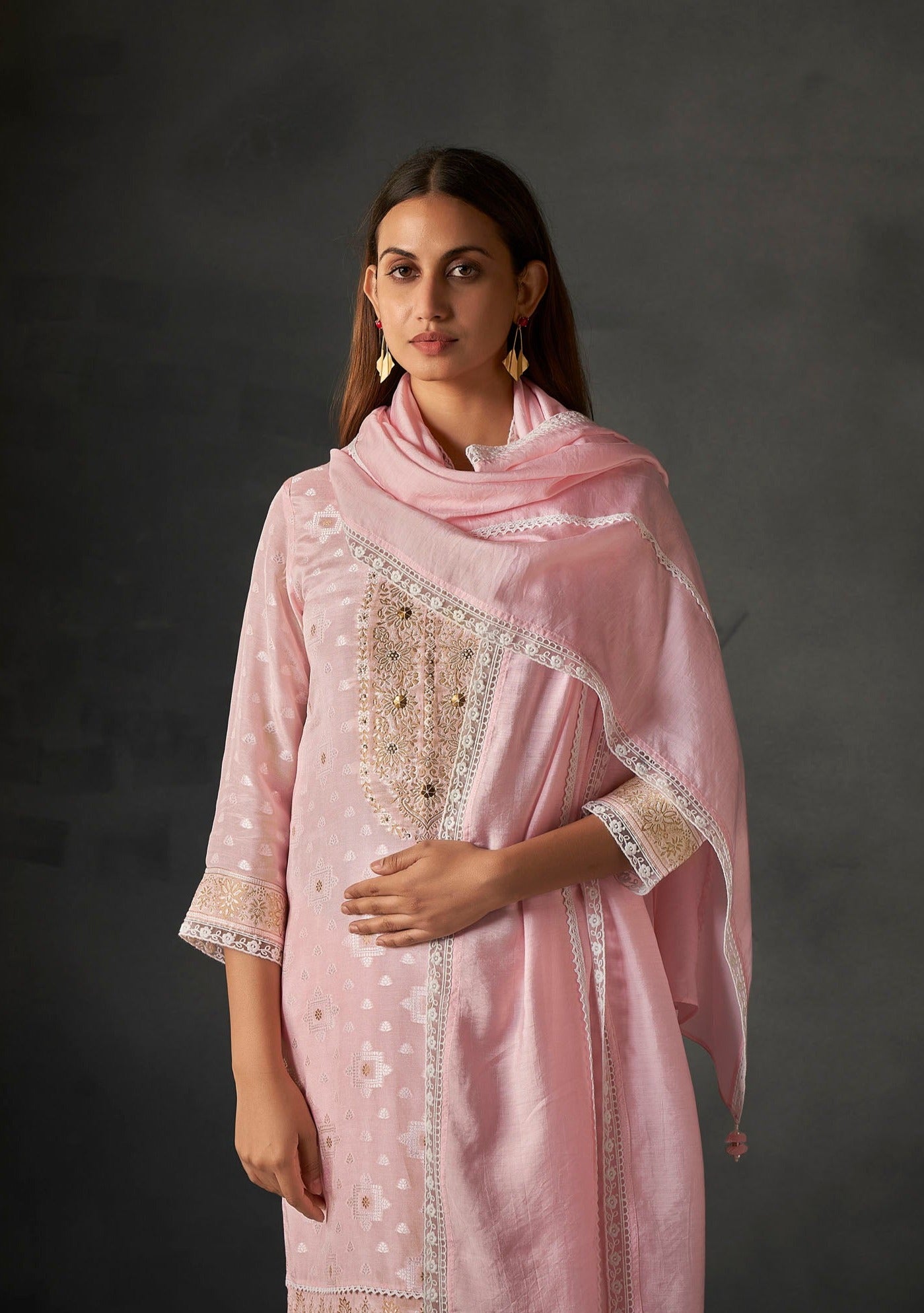 Pink Whisper White Woven Silk Kurta Set-fourbuttons-in