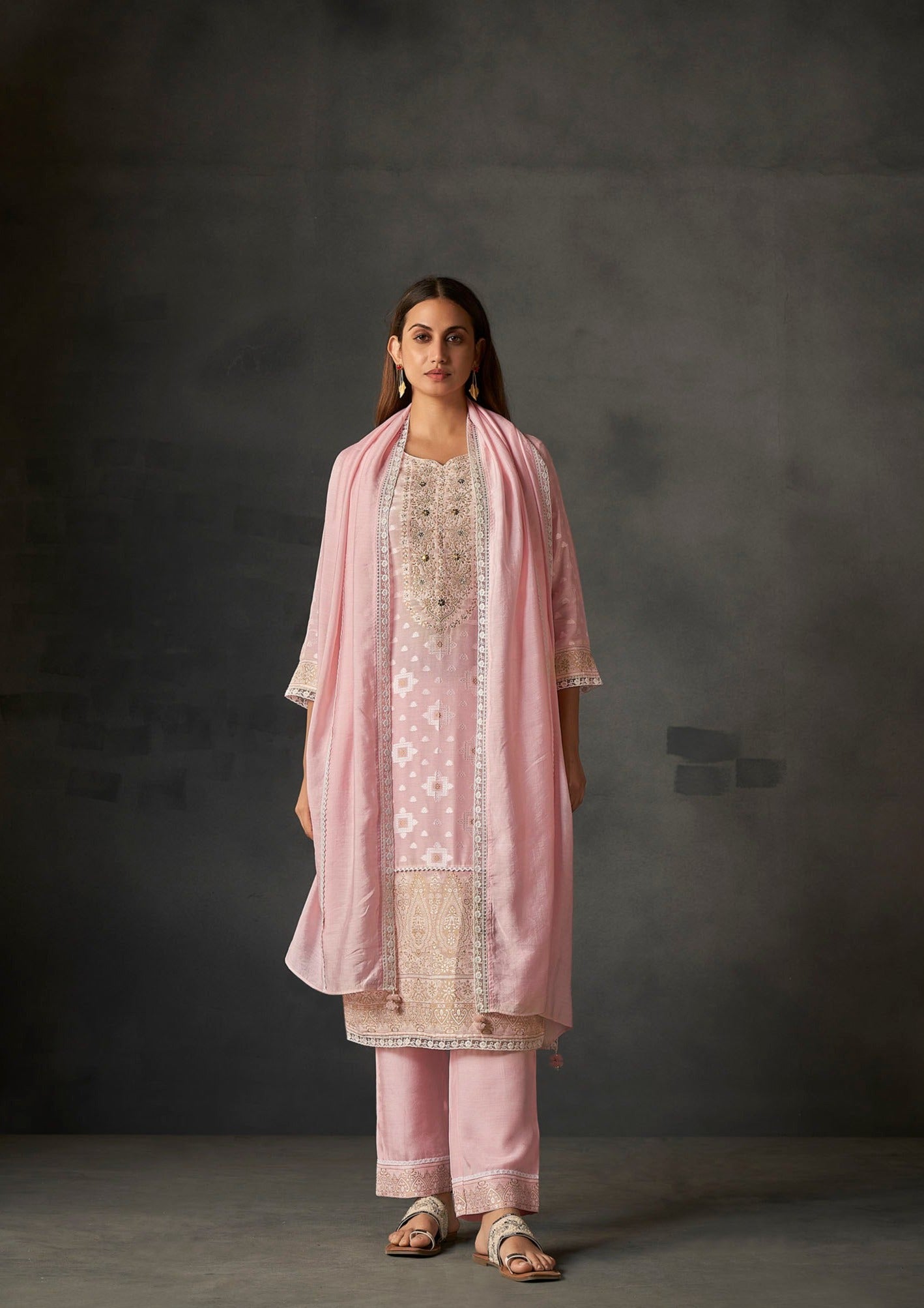 Pink Whisper White Woven Silk Kurta Set-fourbuttons-in