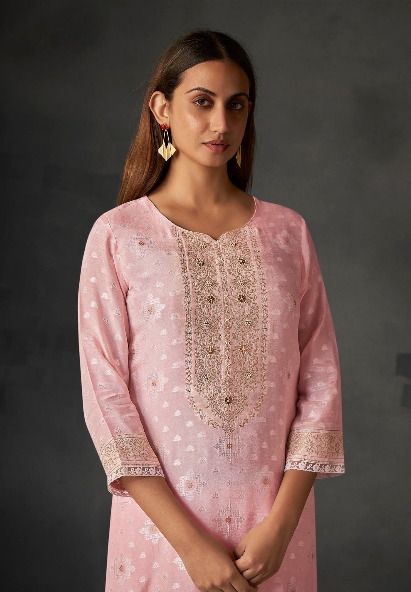 Pink Whisper White Woven Silk Kurta Set-fourbuttons-in