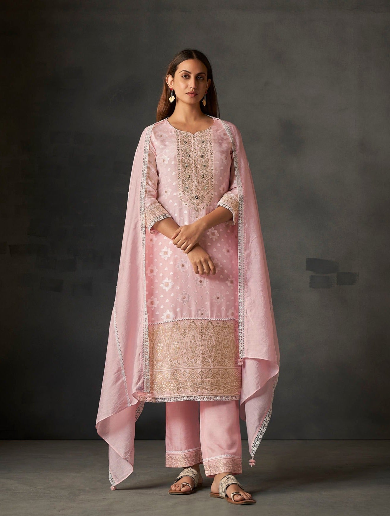 Pink Whisper White Woven Silk Kurta Set-fourbuttons-in