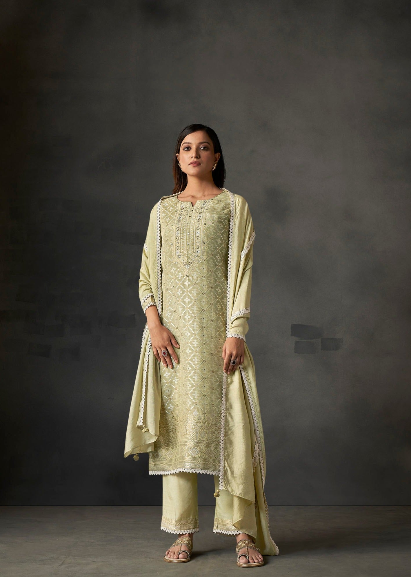 Pistachio Whisper White Woven Silk Kurta Set-fourbuttons-in