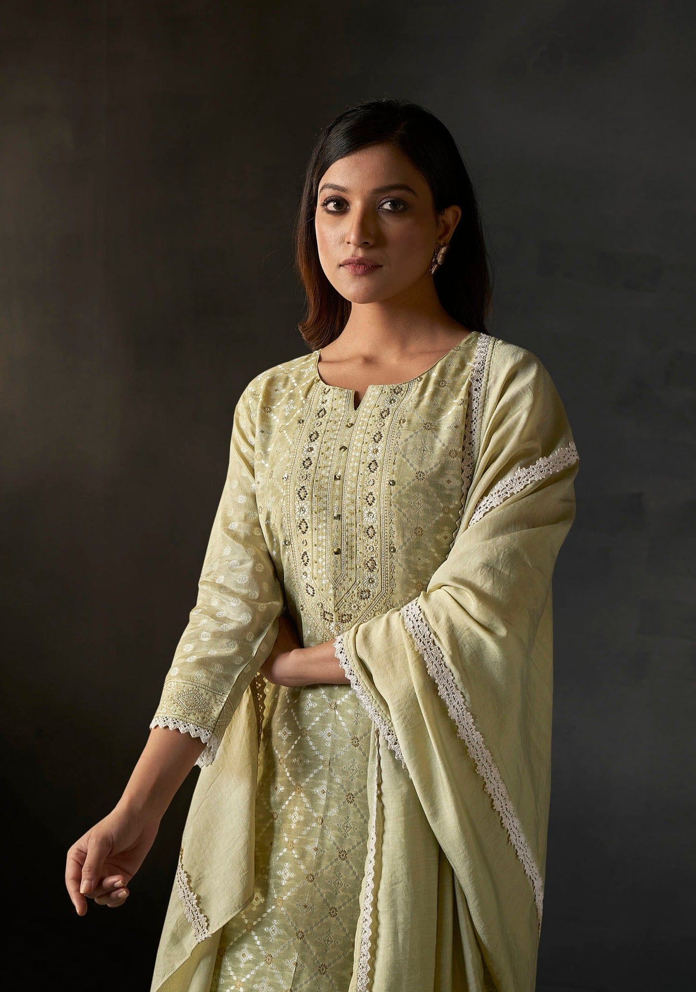 Pistachio Whisper White Woven Silk Kurta Set-fourbuttons-in