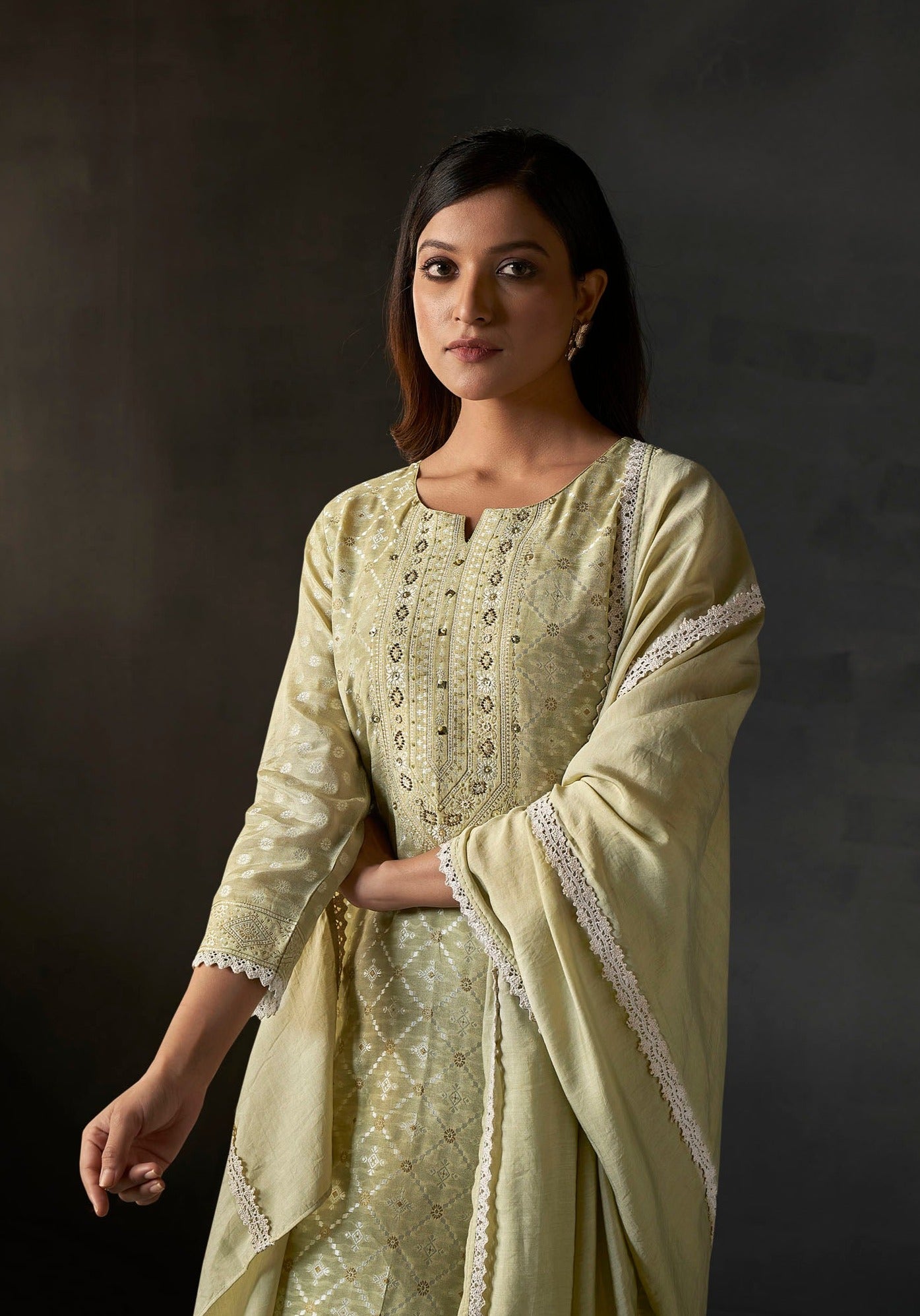 Pistachio Whisper White Woven Silk Kurta Set-fourbuttons-in