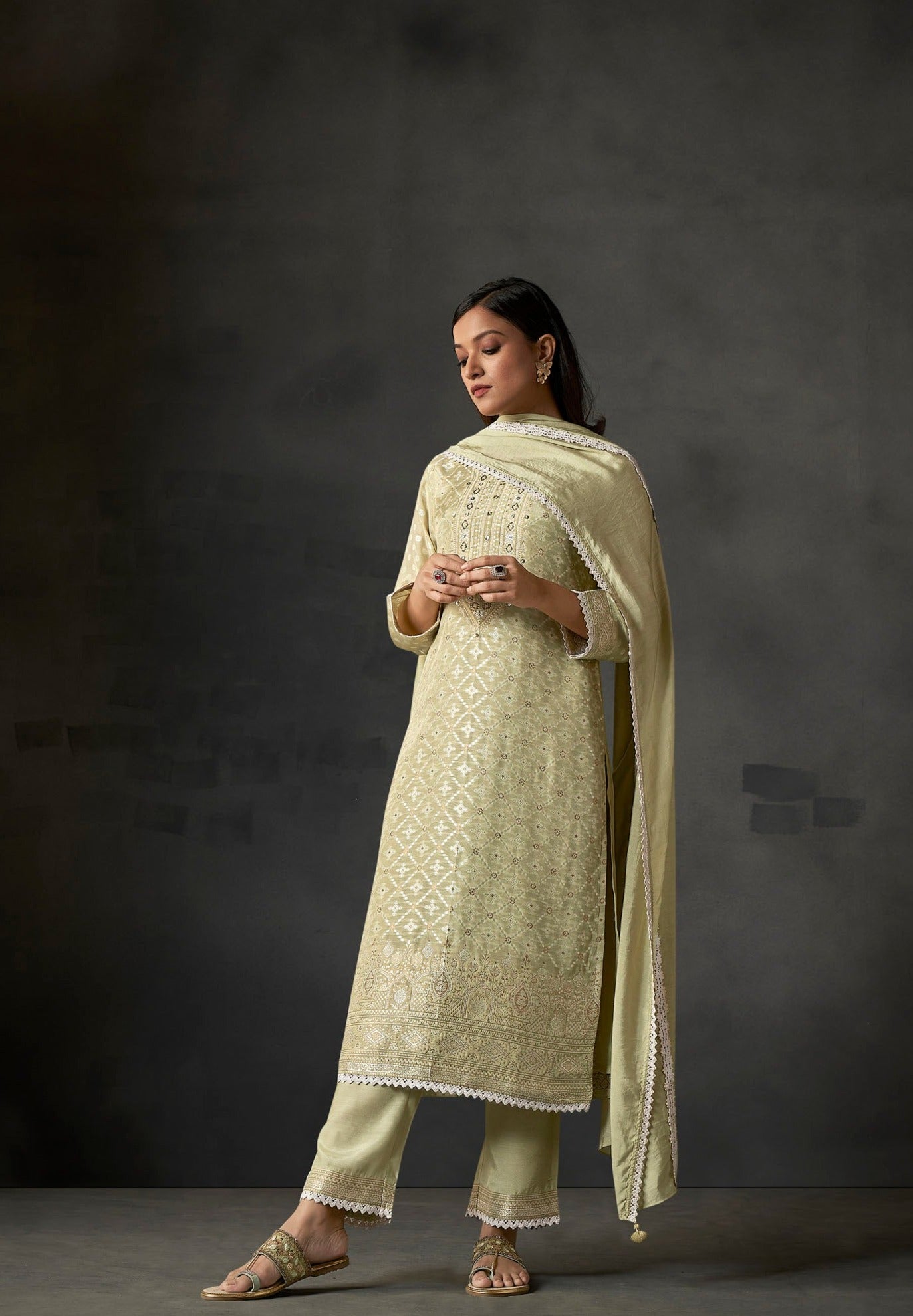 Pistachio Whisper White Woven Silk Kurta Set-fourbuttons-in