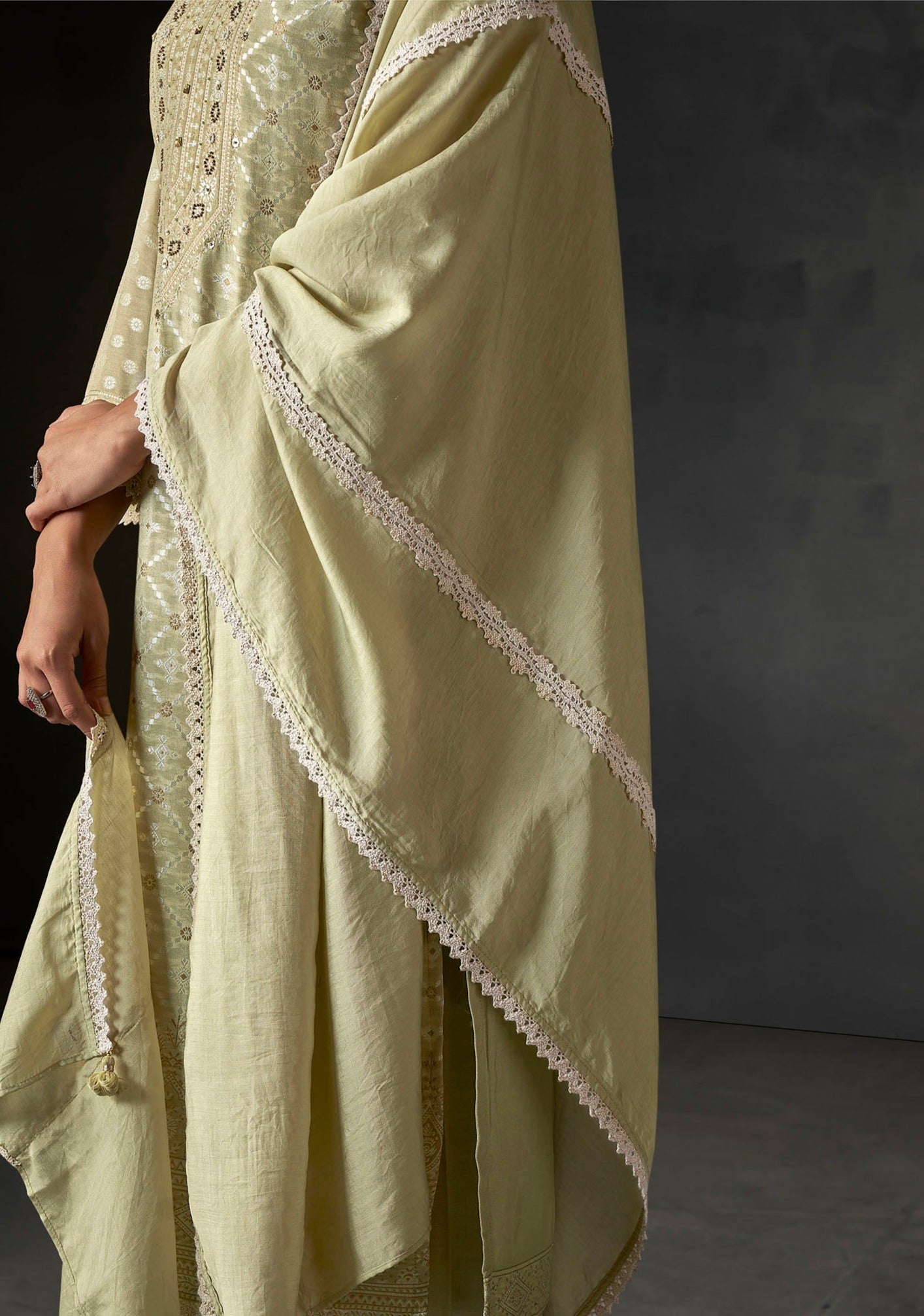 Pistachio Whisper White Woven Silk Kurta Set-fourbuttons-in