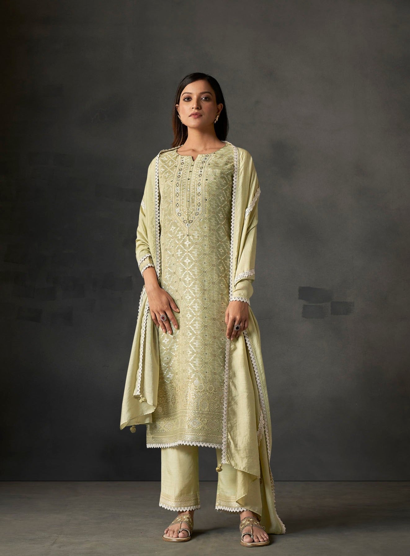 Pistachio Whisper White Woven Silk Kurta Set-fourbuttons-in