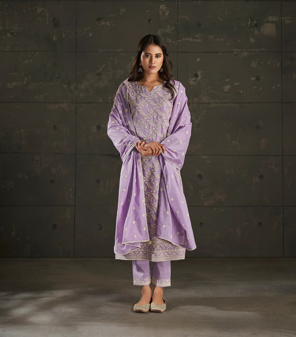 Purple Cotton Soft Kurta Set-fourbuttons-in