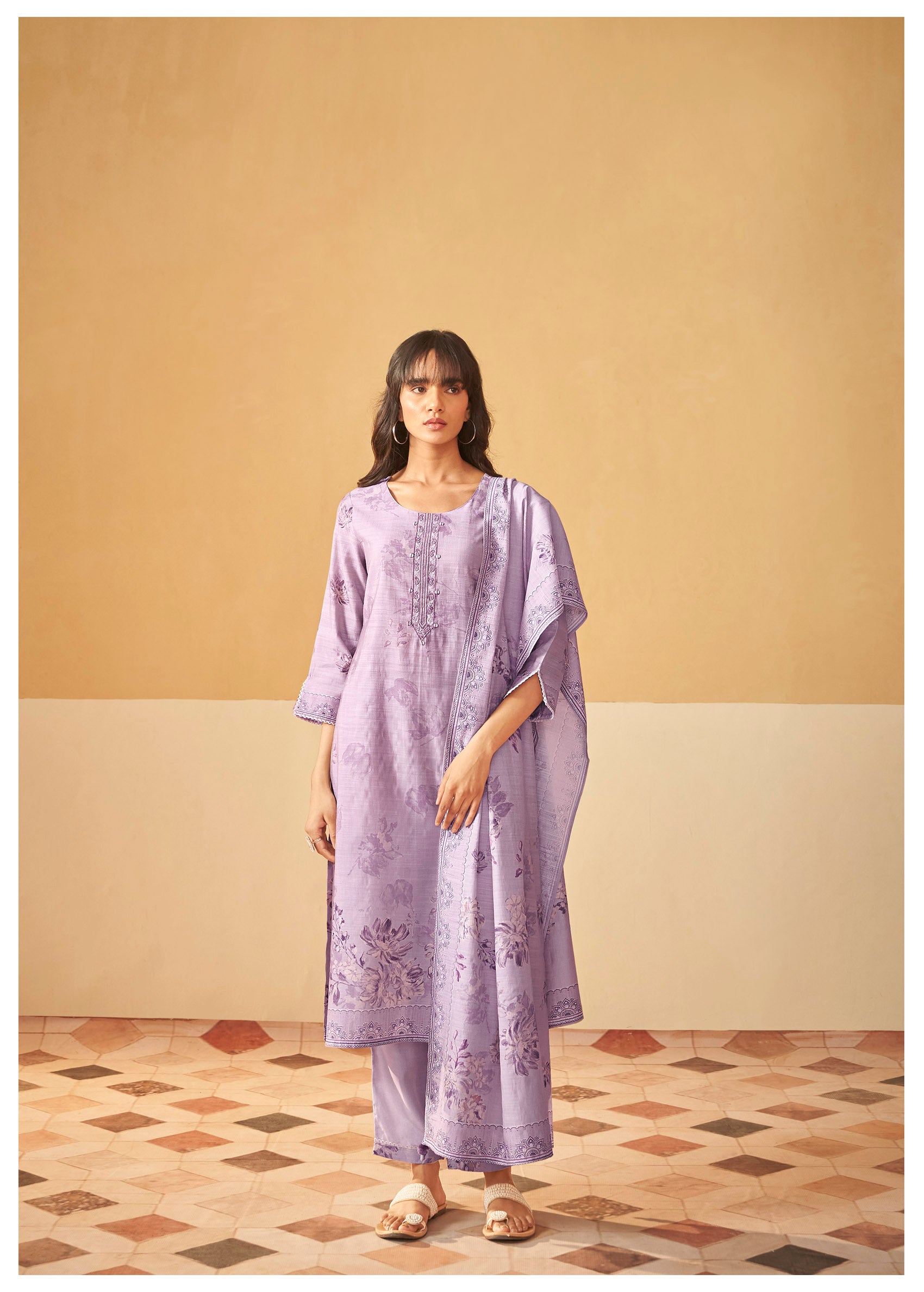 Purple Embroidered Digital Kurti Set-fourbuttons-in