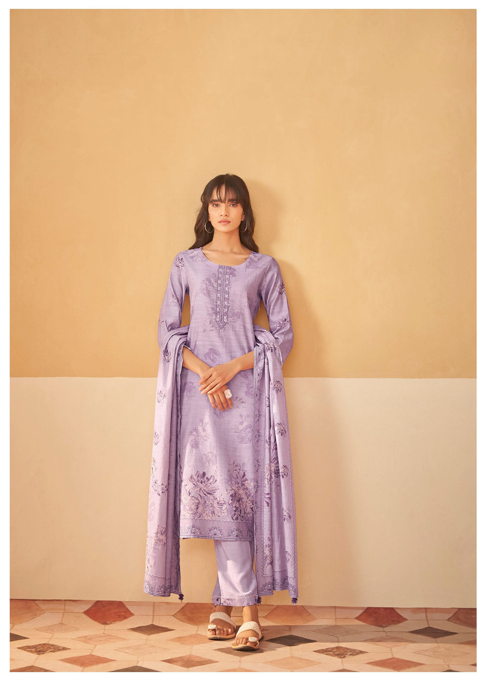 Purple Embroidered Digital Kurti Set-fourbuttons-in