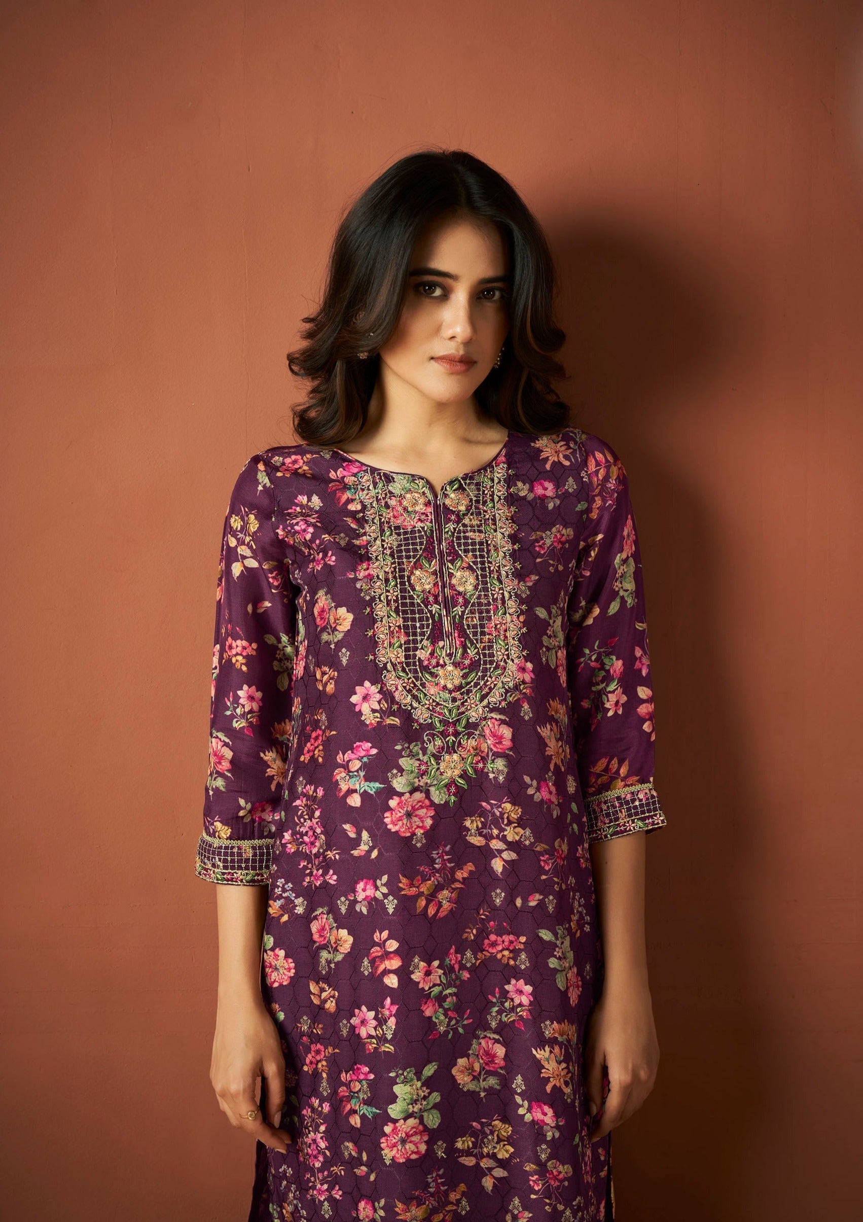 Purple Jacquard Silk Kurta Set-fourbuttons-in