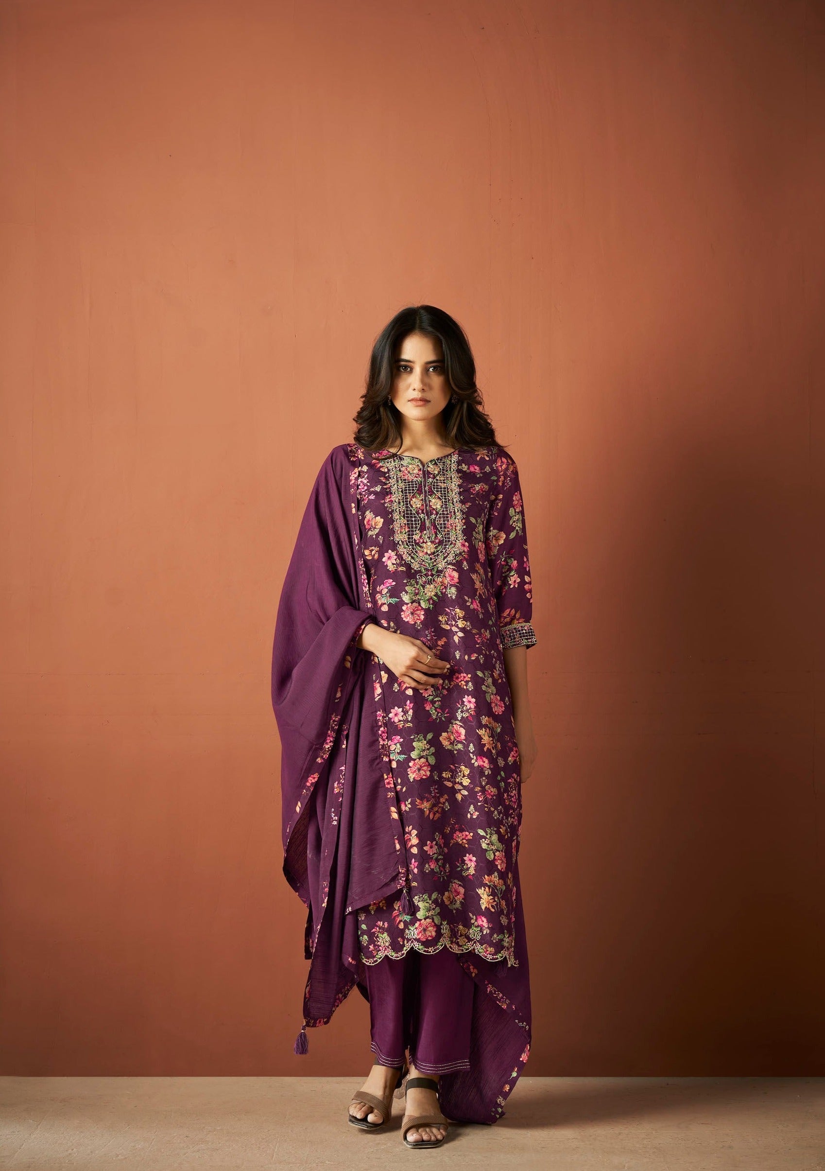 Purple Jacquard Silk Kurta Set-fourbuttons-in