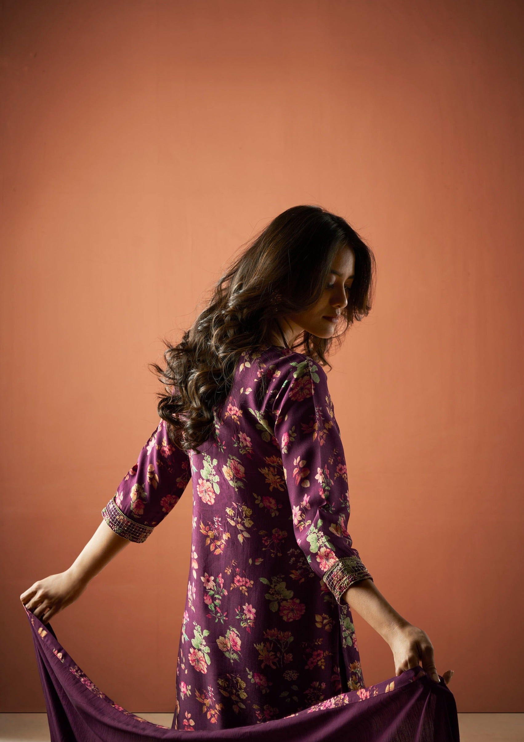 Purple Jacquard Silk Kurta Set-fourbuttons-in