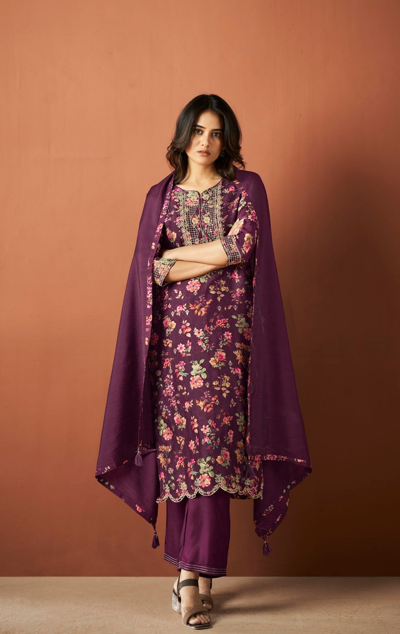 Purple Jacquard Silk Kurta Set-fourbuttons-in