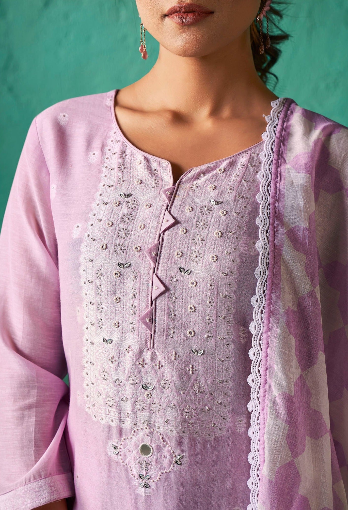 Purple Linen Woven Kurta Set-fourbuttons-in