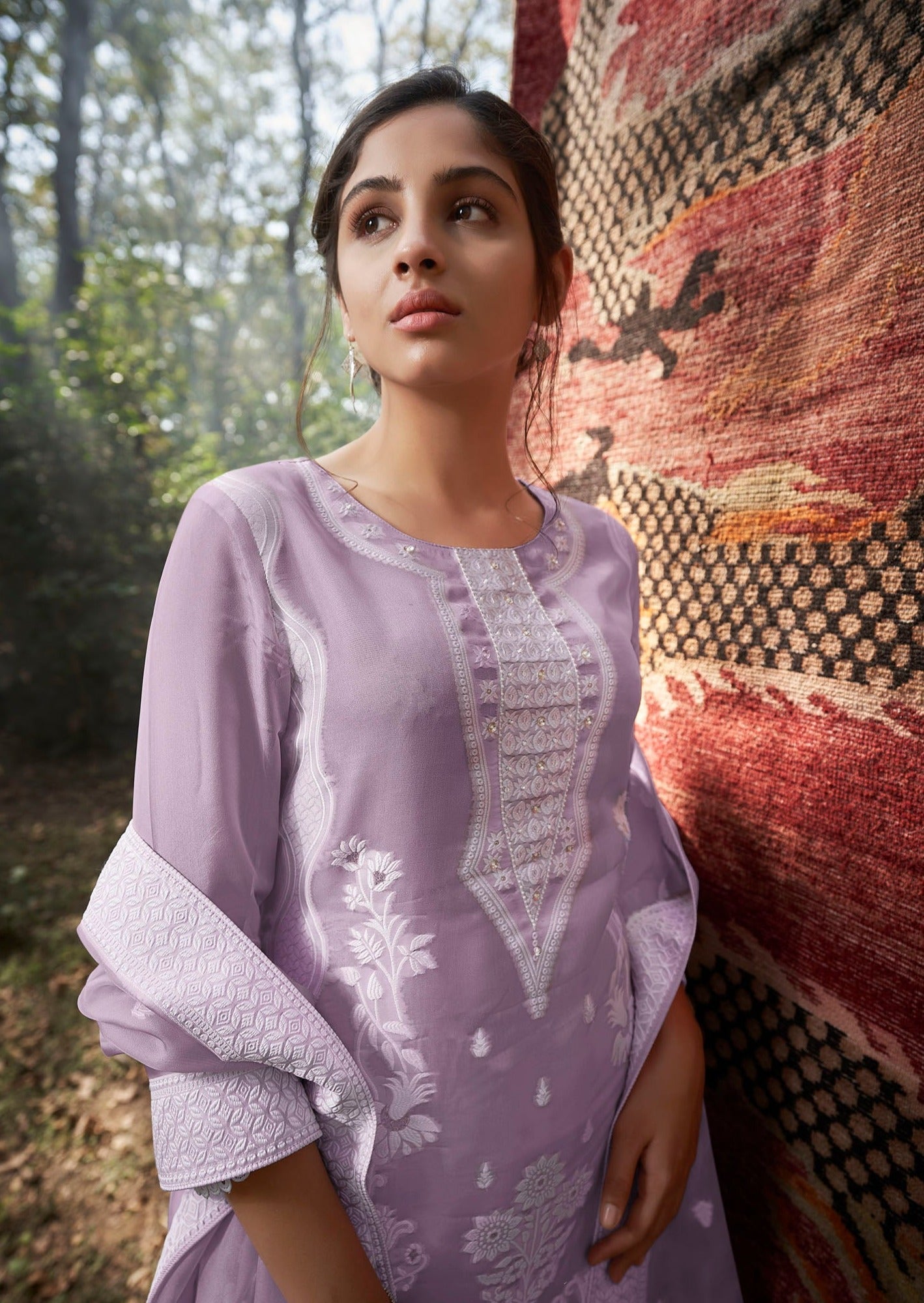 Purple Organza Woven Kurta Set-fourbuttons-in