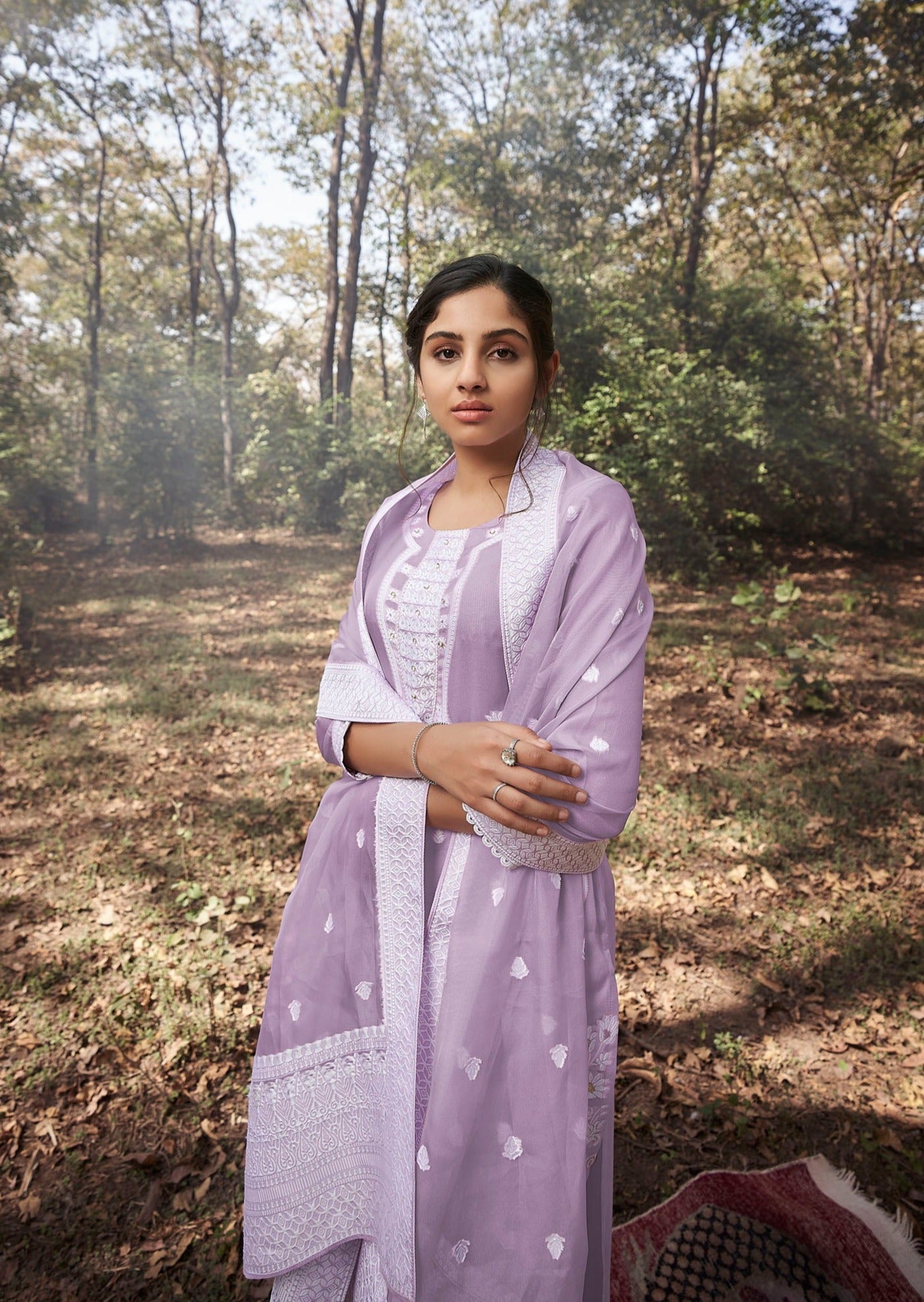 Purple Organza Woven Kurta Set-fourbuttons-in