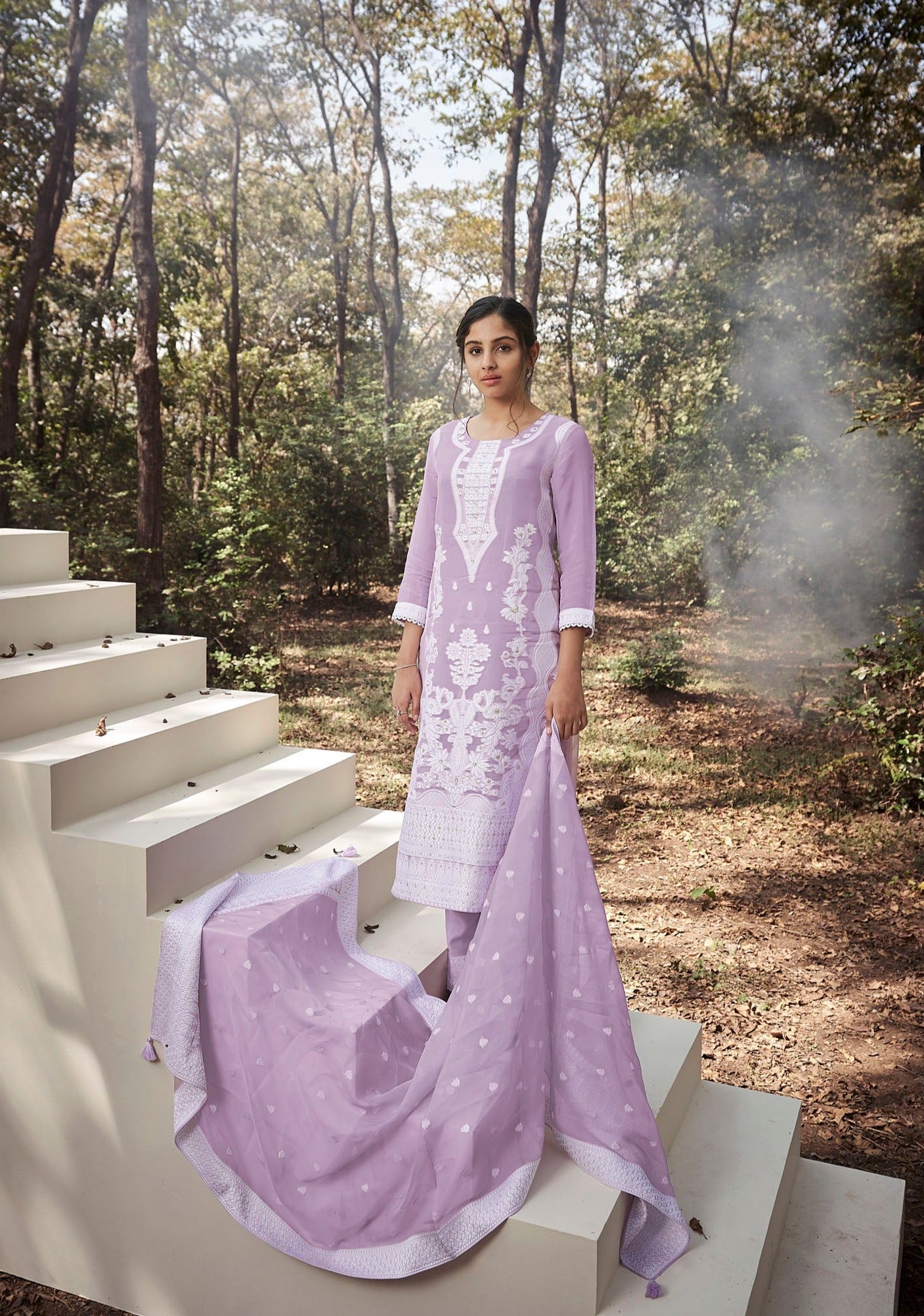 Purple Organza Woven Kurta Set-fourbuttons-in