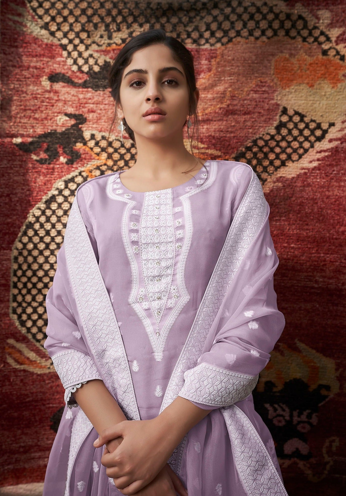 Purple Organza Woven Kurta Set-fourbuttons-in