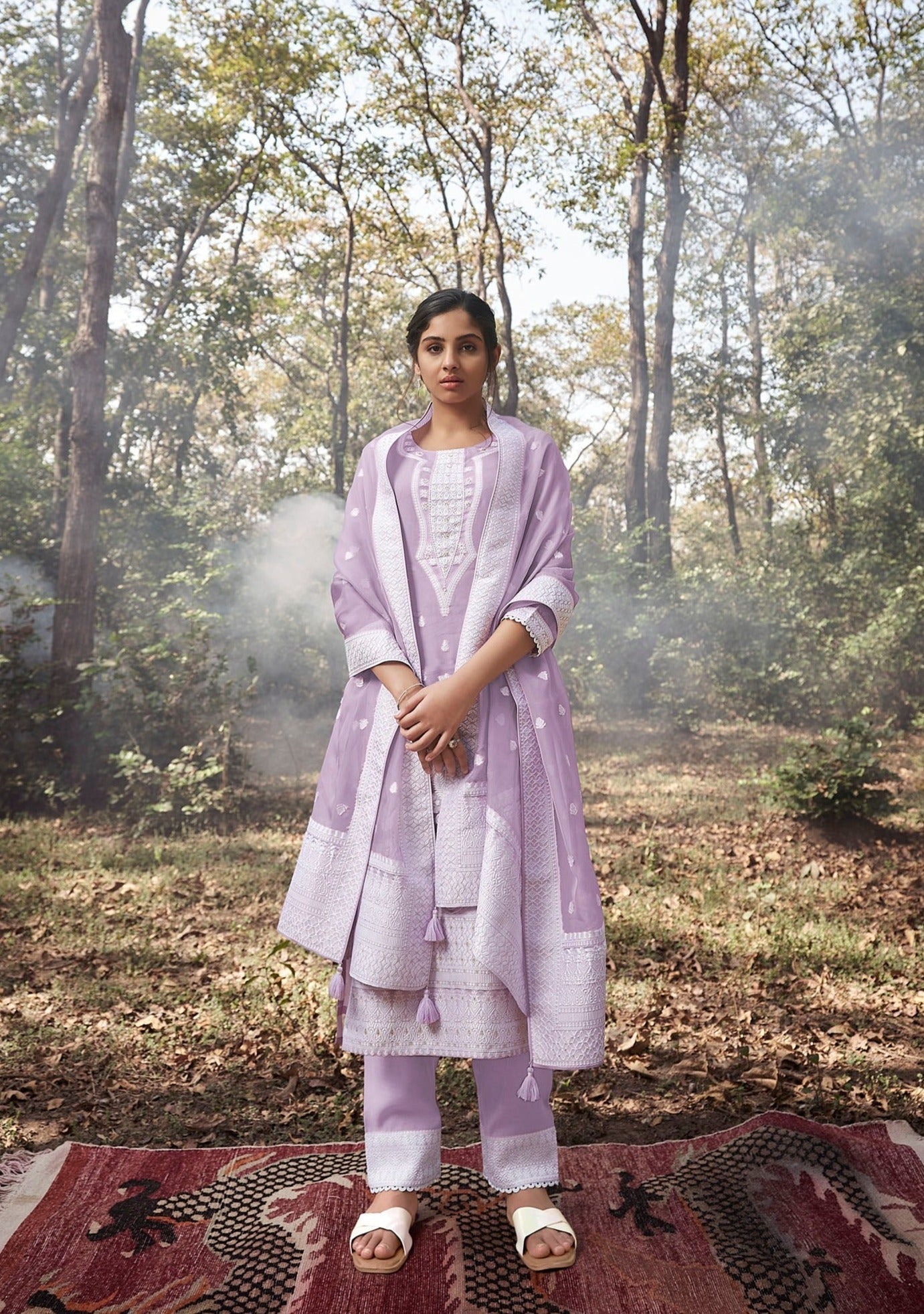 Purple Organza Woven Kurta Set-fourbuttons-in