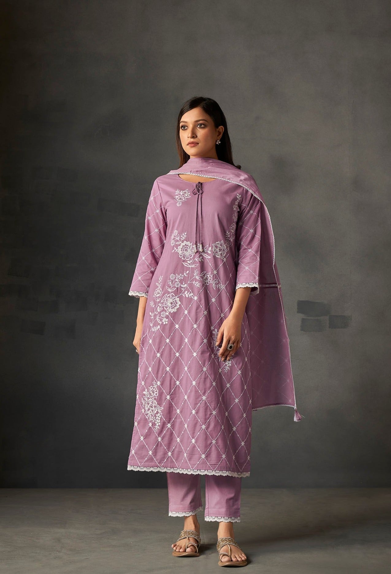 Purple Passion Cambric Jaal Embroidered Kurta Set-fourbuttons-in