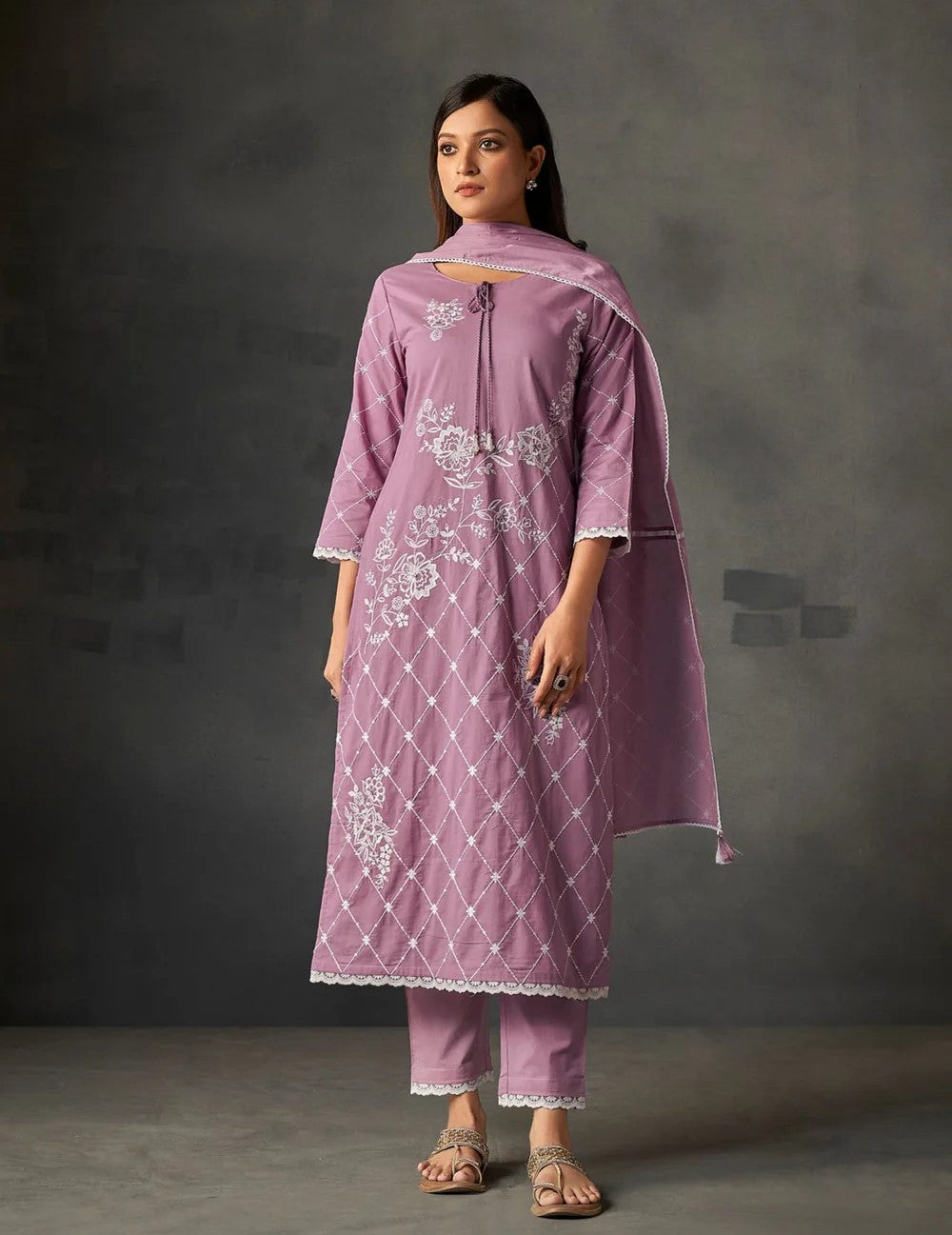 Purple Passion Cambric Jaal Embroidered Kurta Set-fourbuttons-in