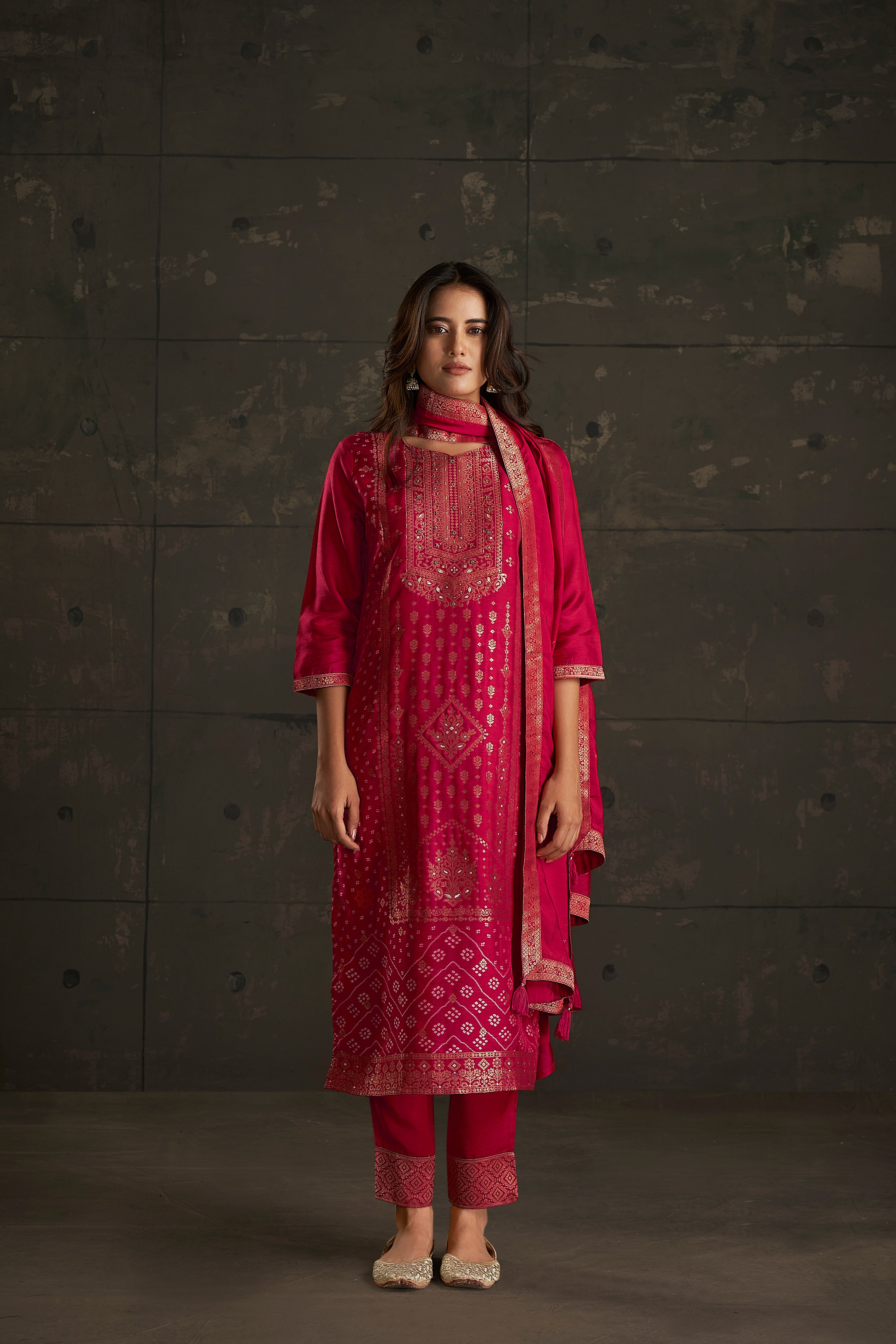 Red Bandhani Woven Print Dupatta Silk Kurta Set-fourbuttons-in