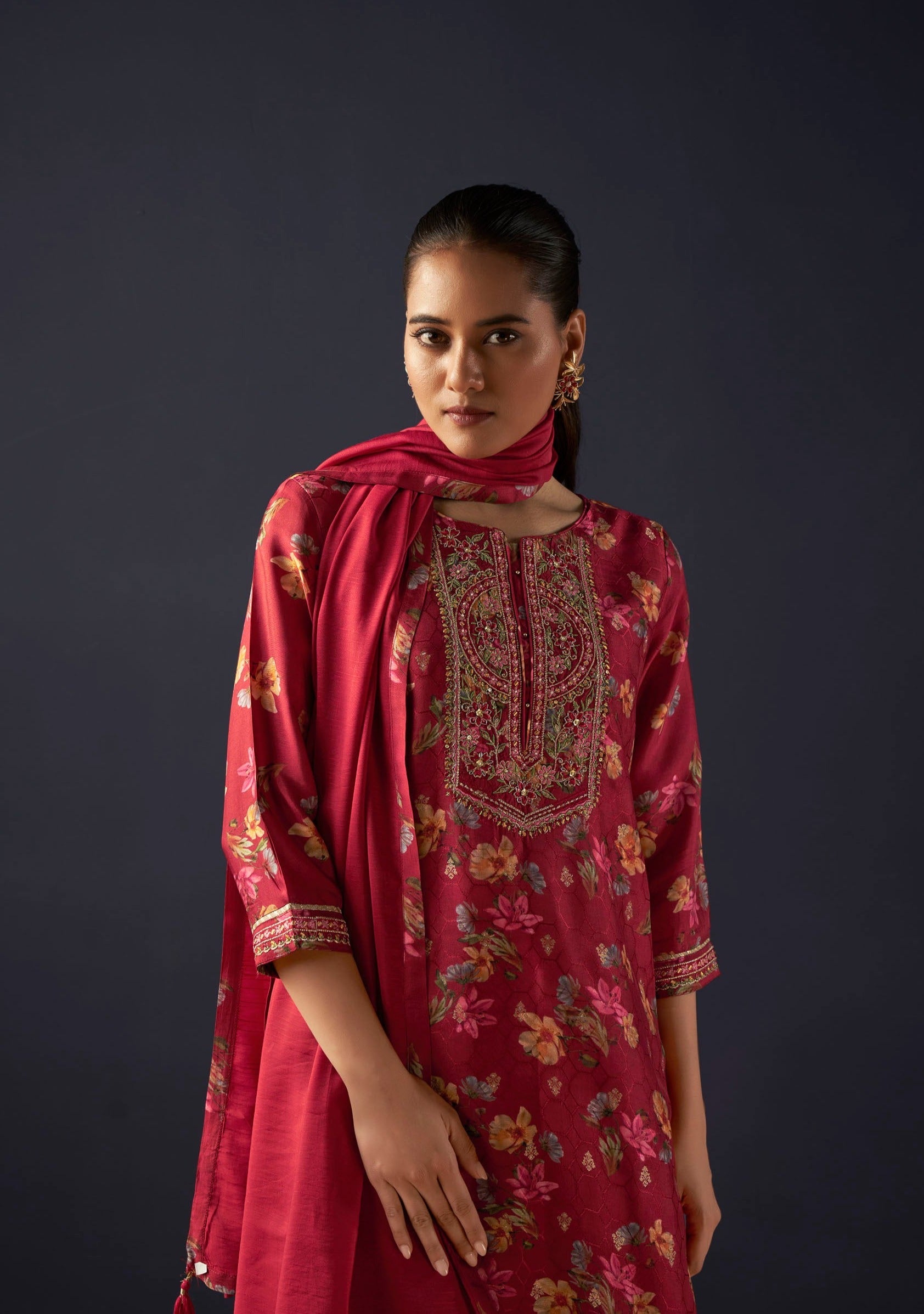 Red Jacquard Digital Print Silk Kurta Set-fourbuttons-in