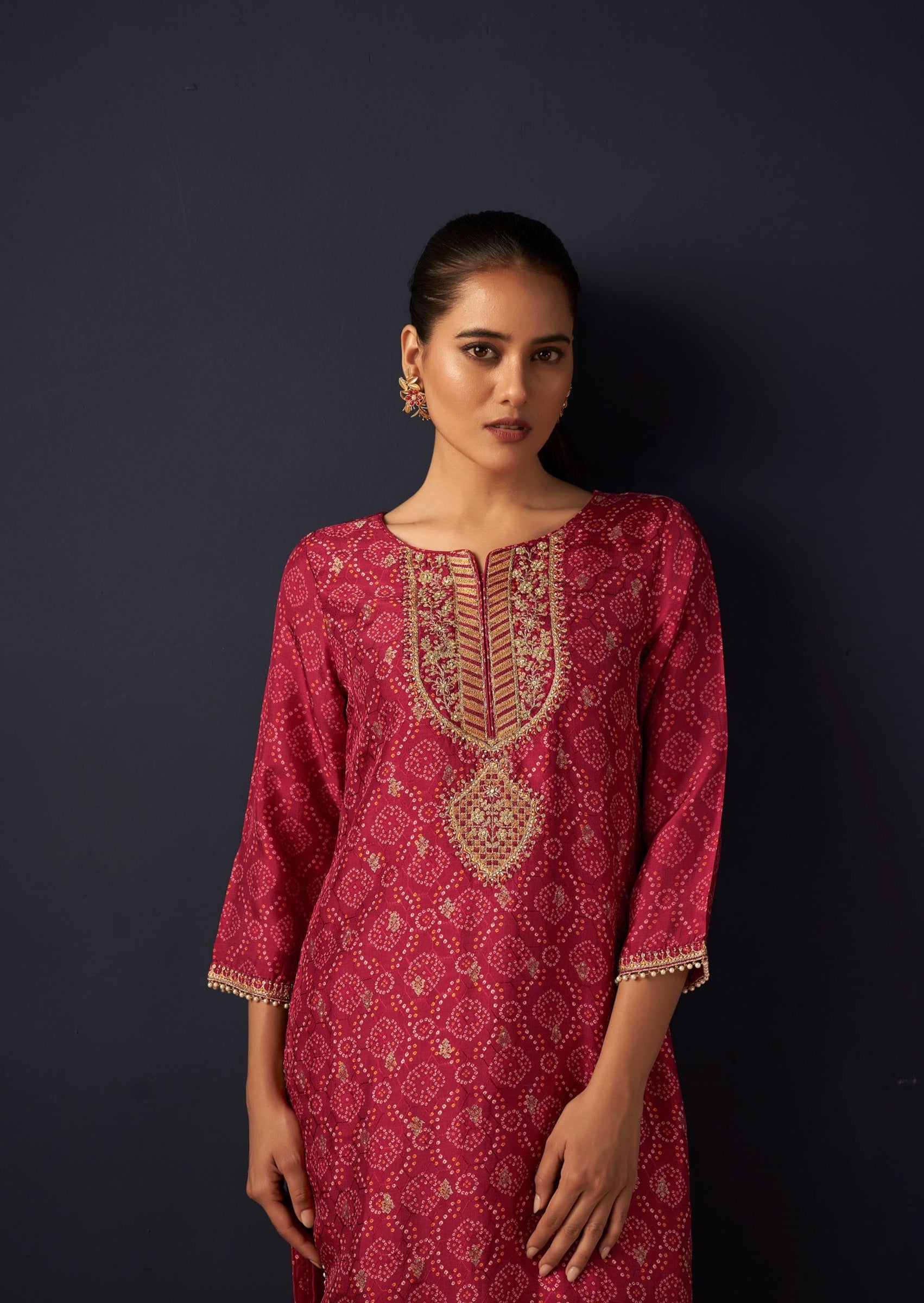 Red Jacquard Digital Print Silk Kurta Set-fourbuttons-in