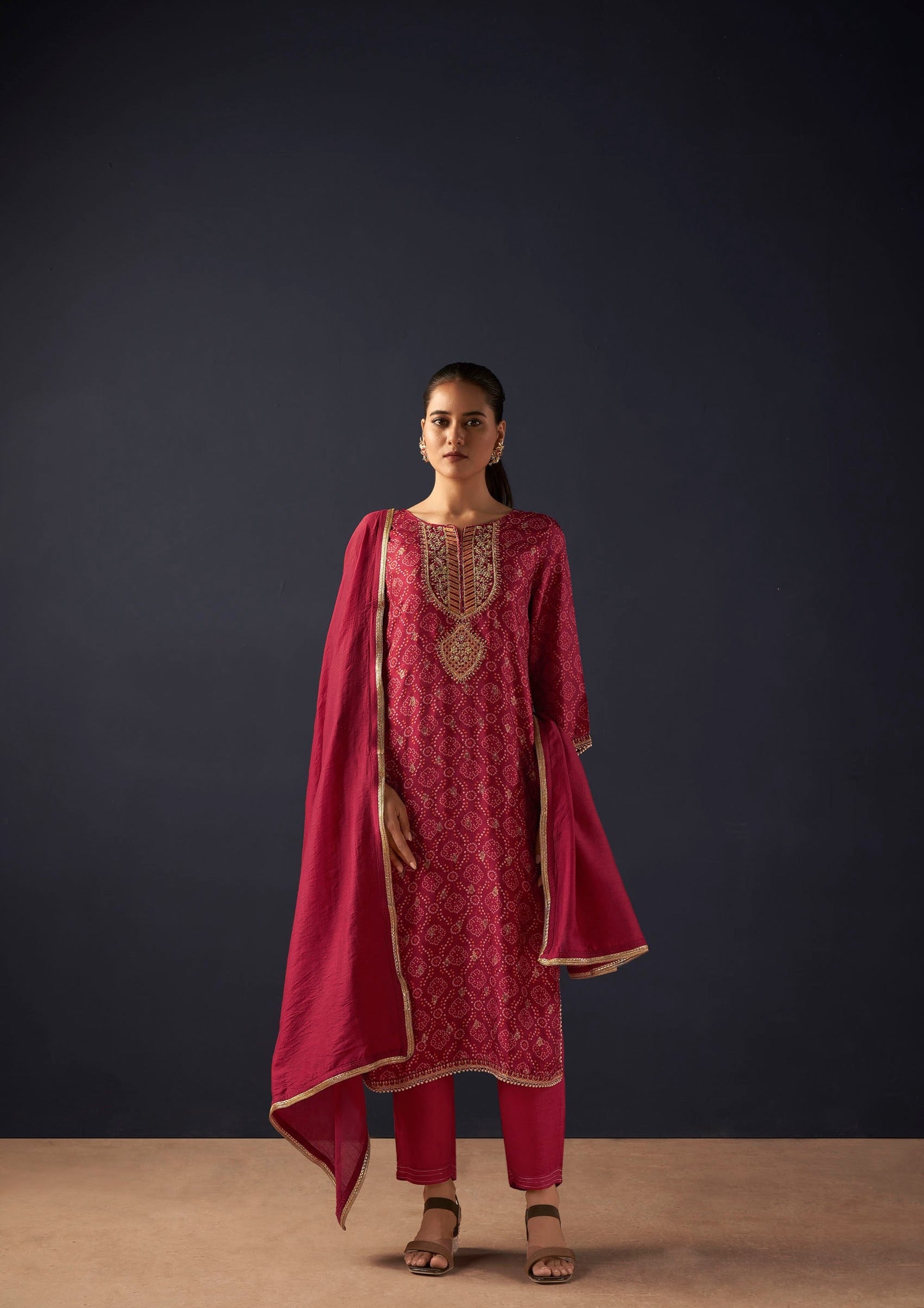 Red Jacquard Digital Print Silk Kurta Set-fourbuttons-in