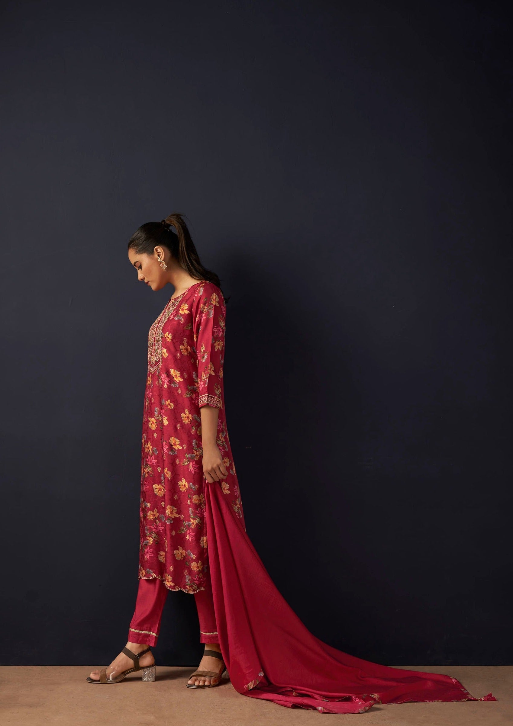 Red Jacquard Digital Print Silk Kurta Set-fourbuttons-in