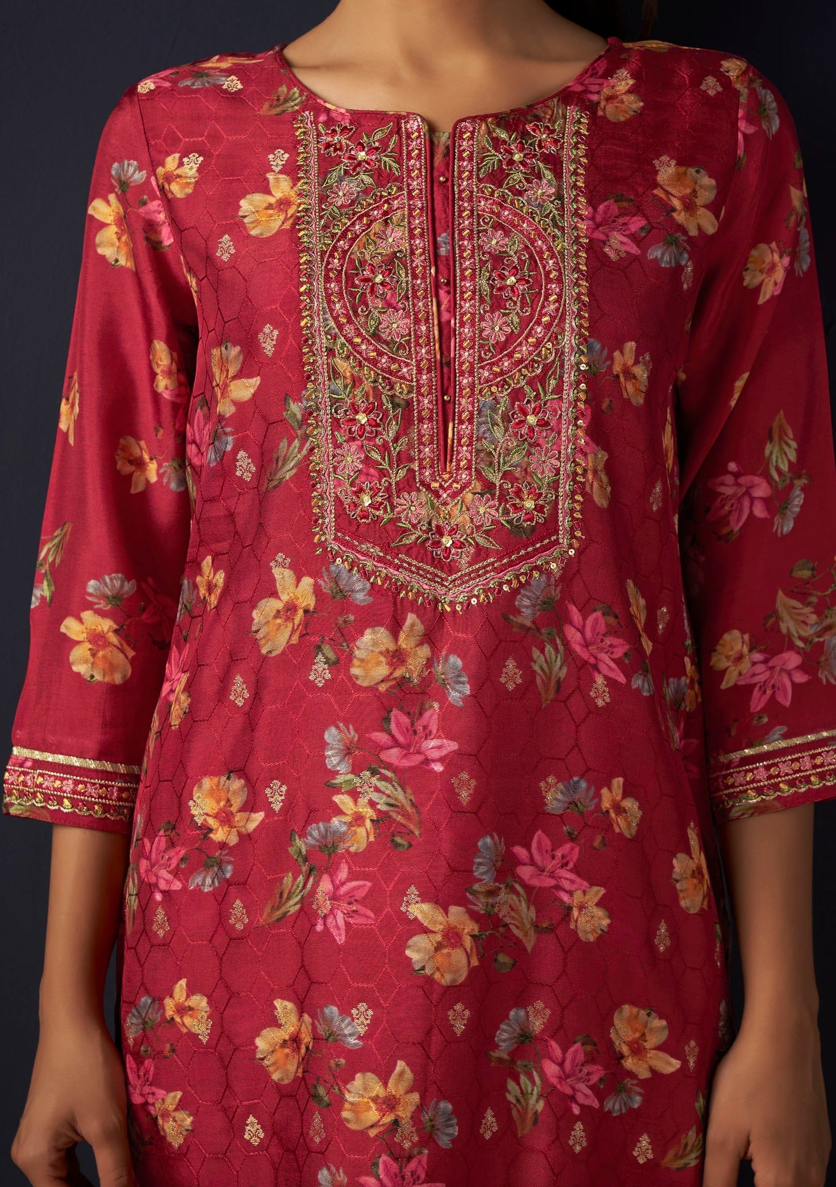 Red Jacquard Digital Print Silk Kurta Set-fourbuttons-in