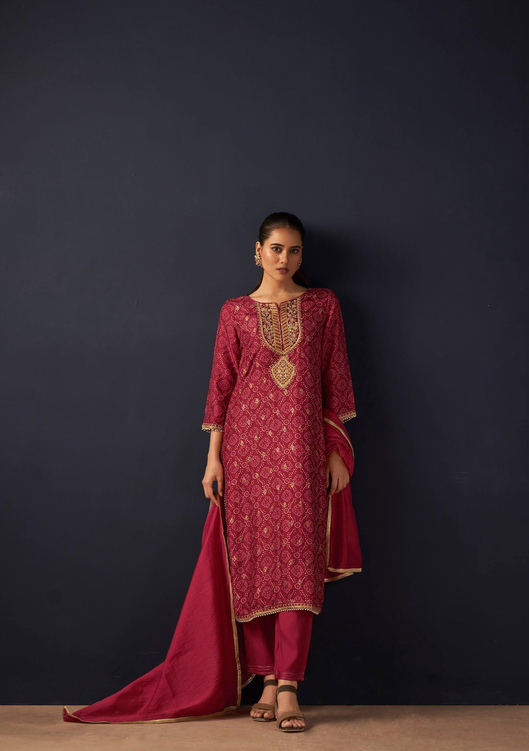 Red Jacquard Digital Print Silk Kurta Set-fourbuttons-in