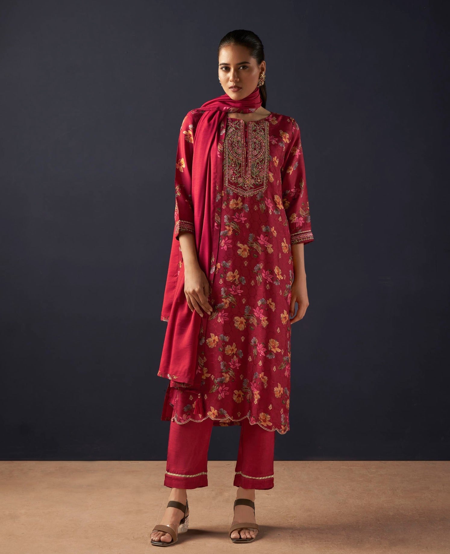 Red Jacquard Digital Print Silk Kurta Set-fourbuttons-in