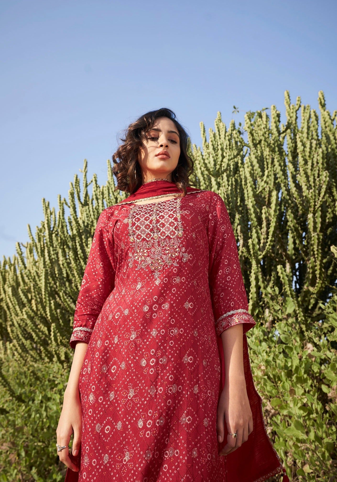 Ruby Radiance Woven Kurta Set-fourbuttons-in